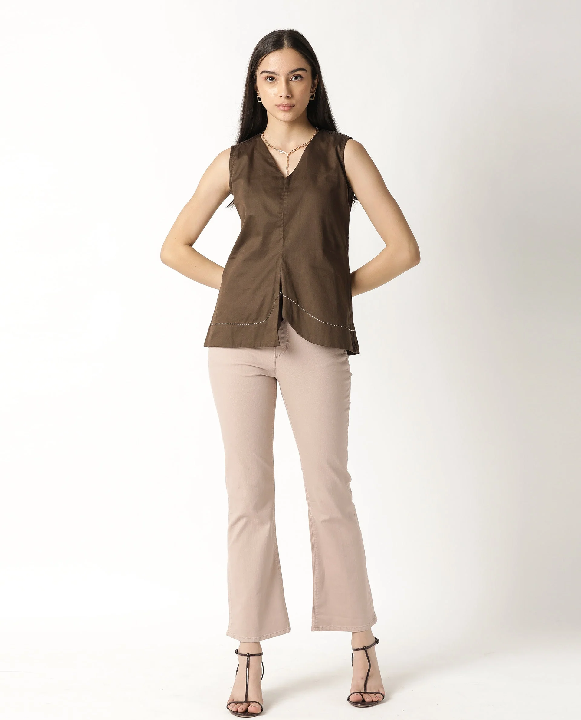 Rareism Women's Simi Brown Cotton V-Neck Plain Sleeveless Regular Fit Top - Image 5