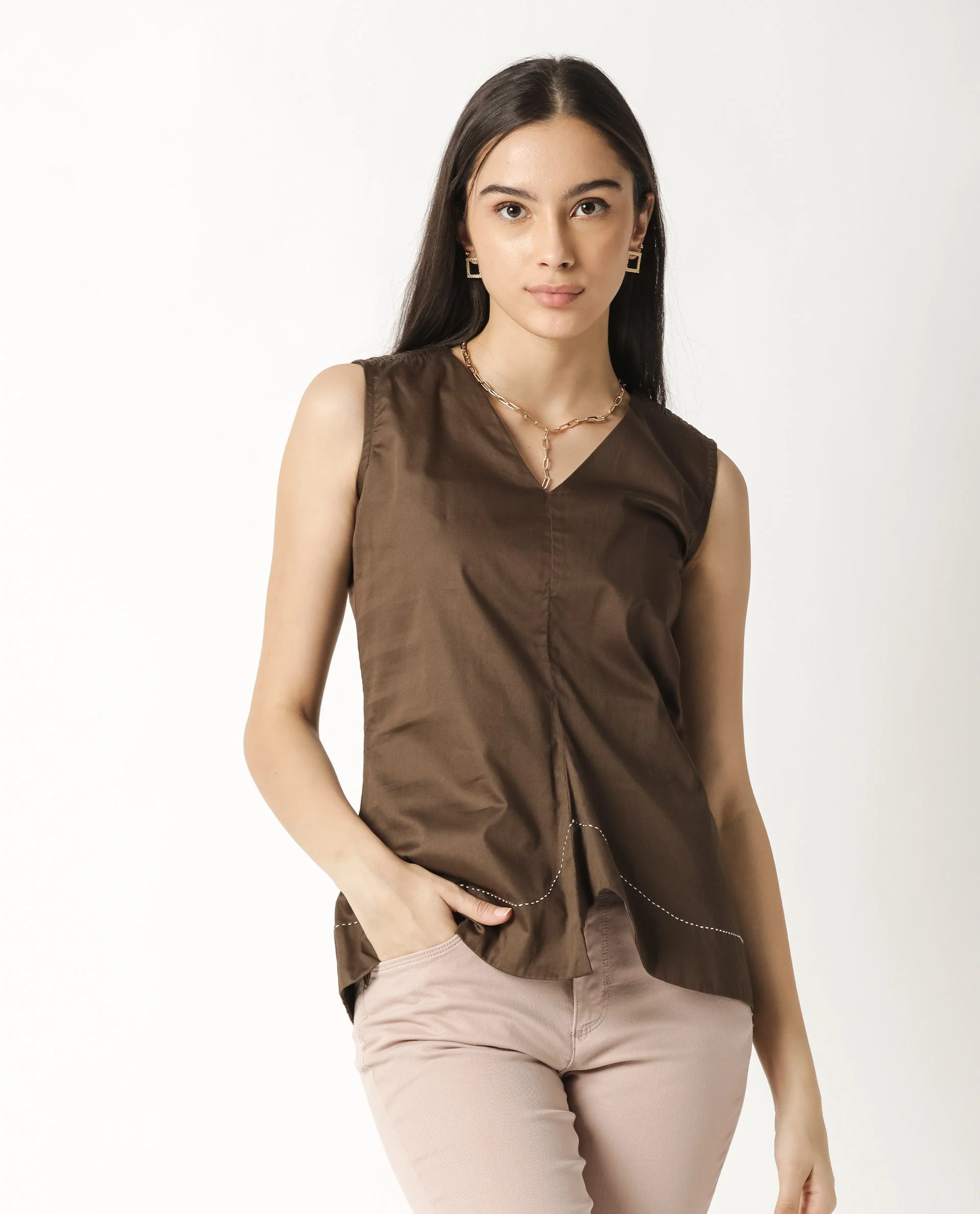 Rareism Women's Simi Brown Cotton V-Neck Plain Sleeveless Regular Fit Top - Image 6