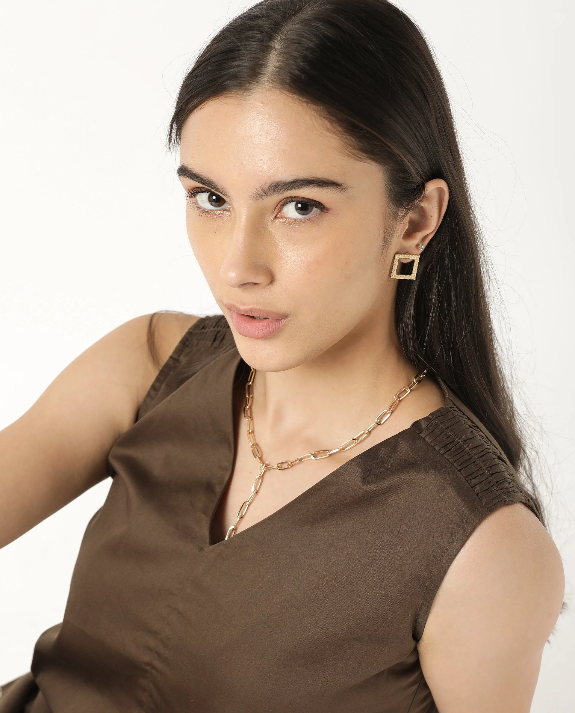 Rareism Women's Simi Brown Cotton V-Neck Plain Sleeveless Regular Fit Top - Image 8