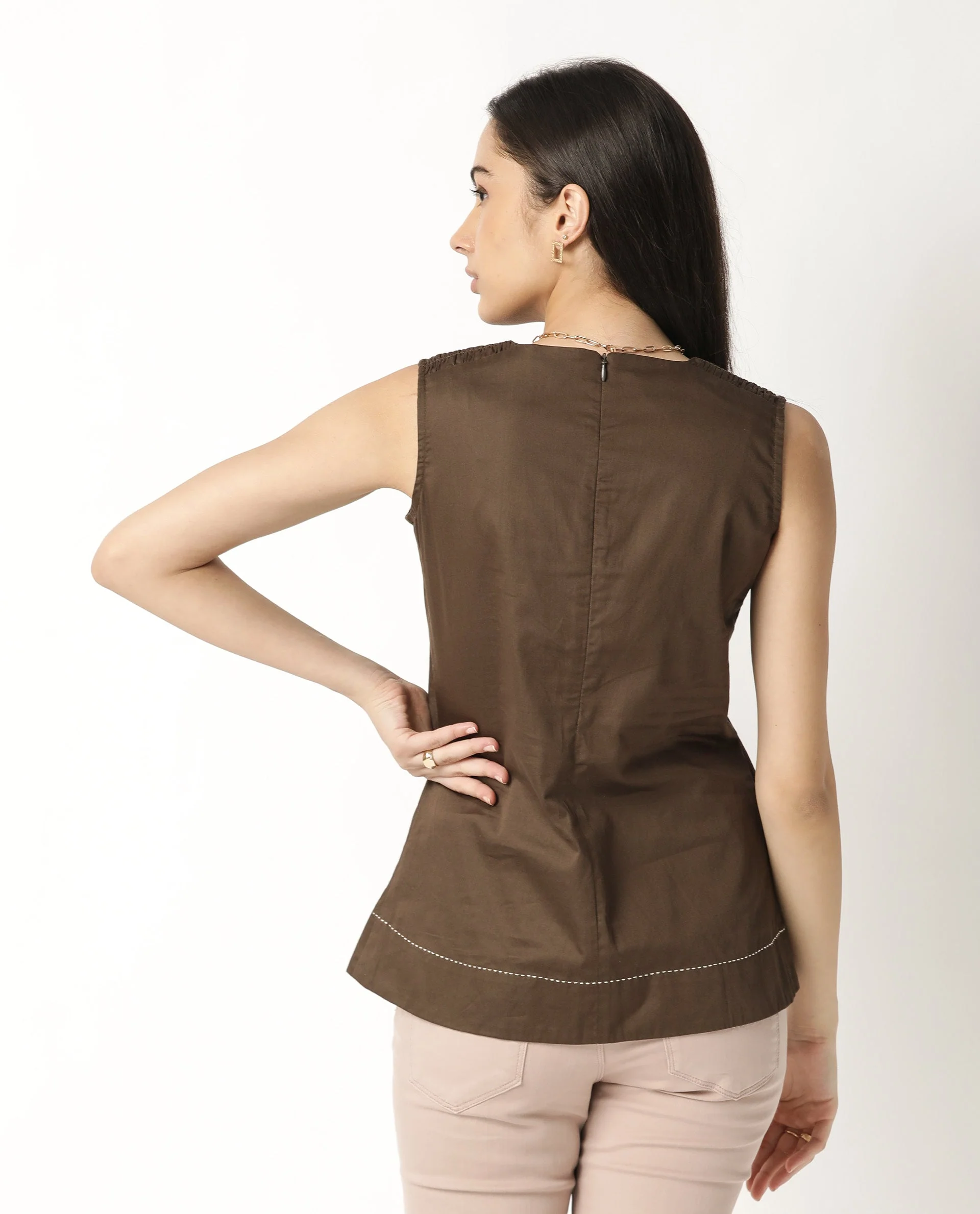 Rareism Women's Simi Brown Cotton V-Neck Plain Sleeveless Regular Fit Top - Image 9