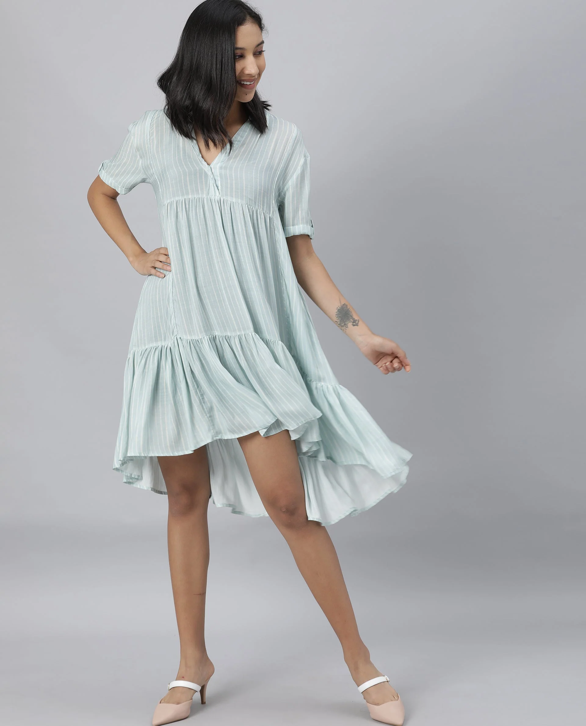 Rareism Women Simmer Blue Dress Short Sleeves Printed