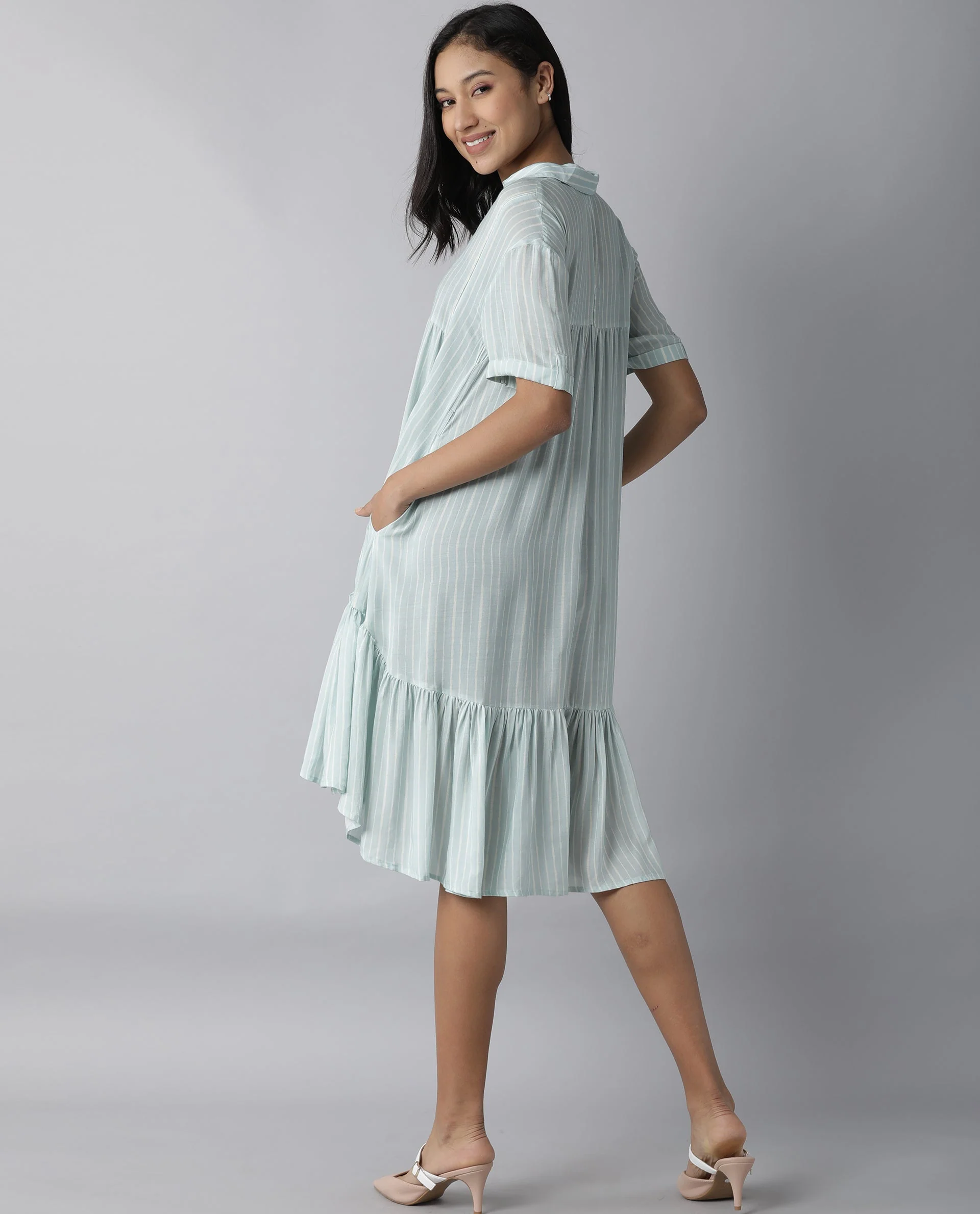 Rareism Women Simmer Blue Dress Short Sleeves Printed - Image 10