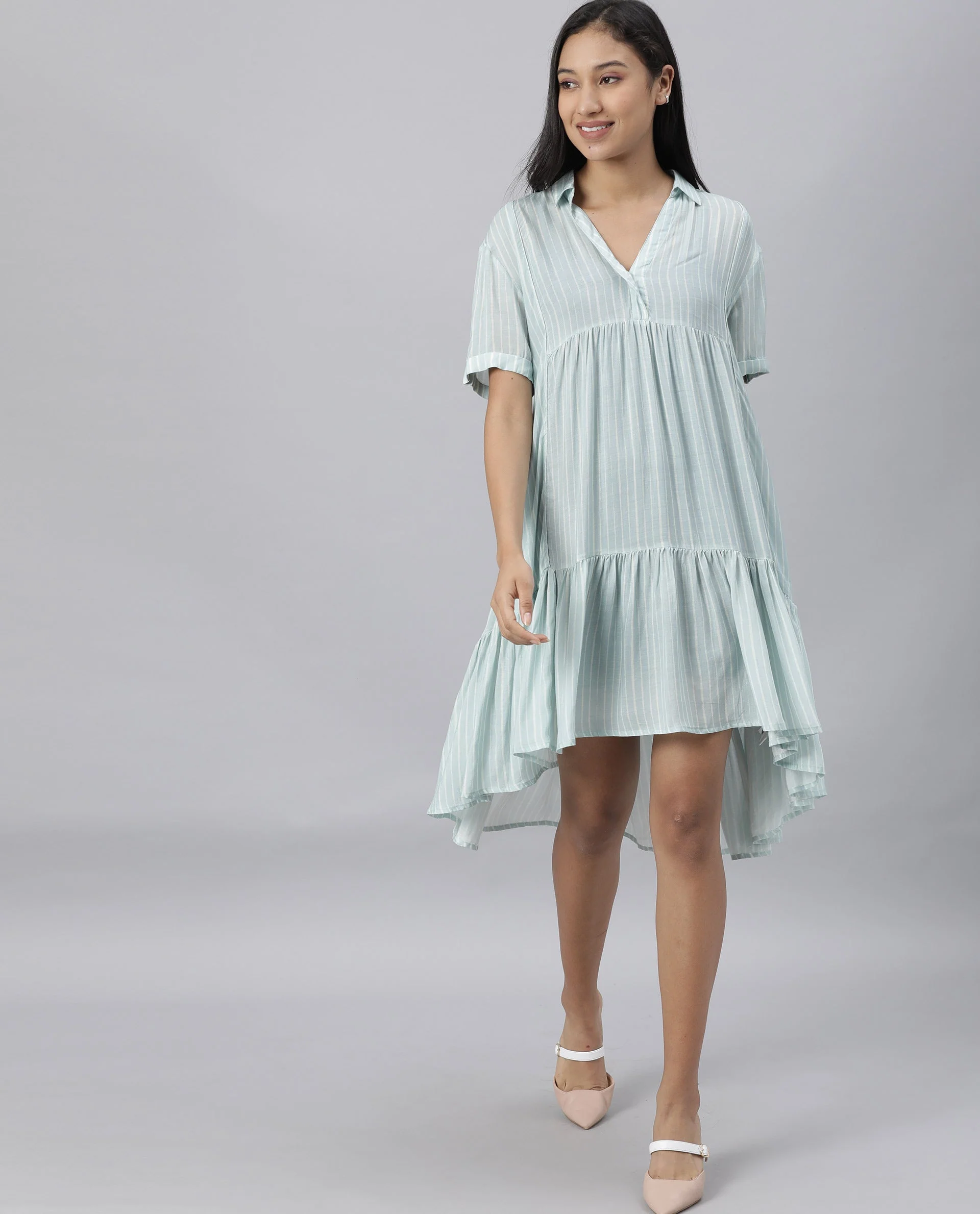 Rareism Women Simmer Blue Dress Short Sleeves Printed - Image 2