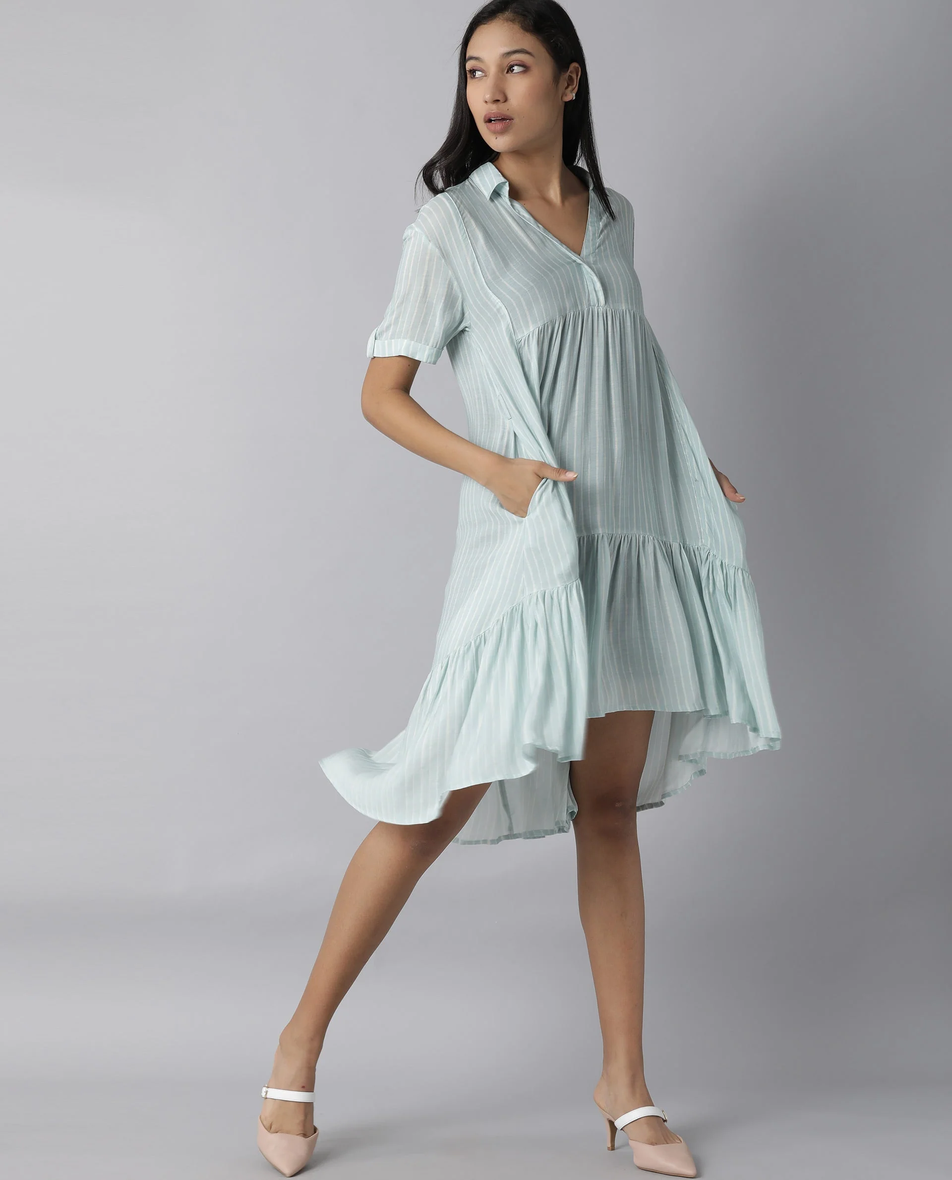 Rareism Women Simmer Blue Dress Short Sleeves Printed - Image 5