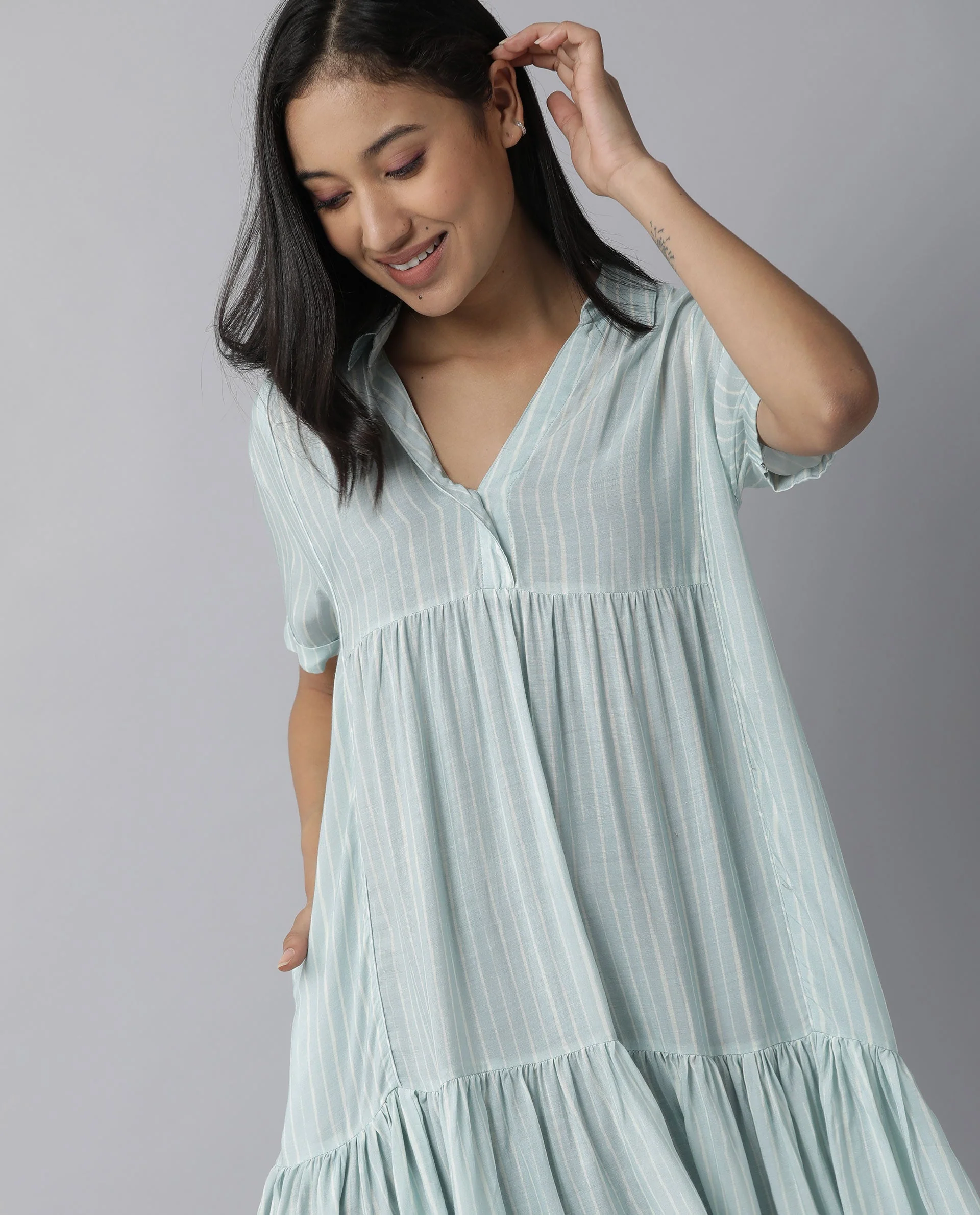 Rareism Women Simmer Blue Dress Short Sleeves Printed - Image 6