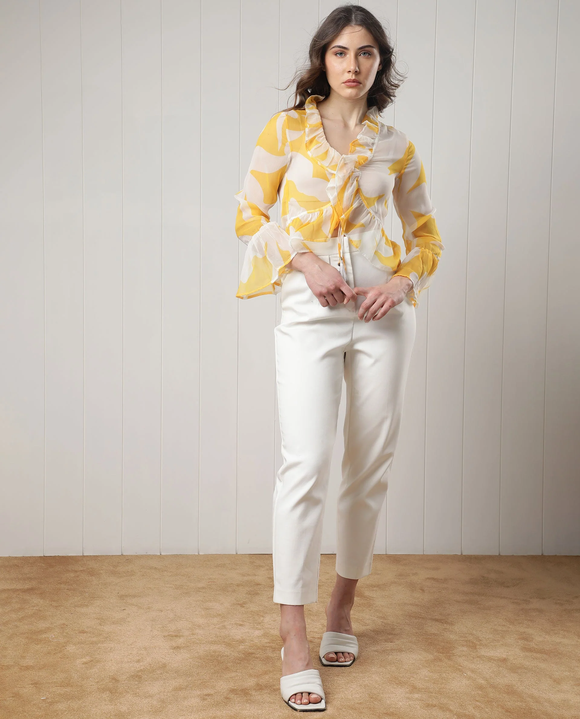 Rareism Women's Simone White Polyester V-Neck Floral Print Bell Sleeve Regular Fit Shrug - Image 3