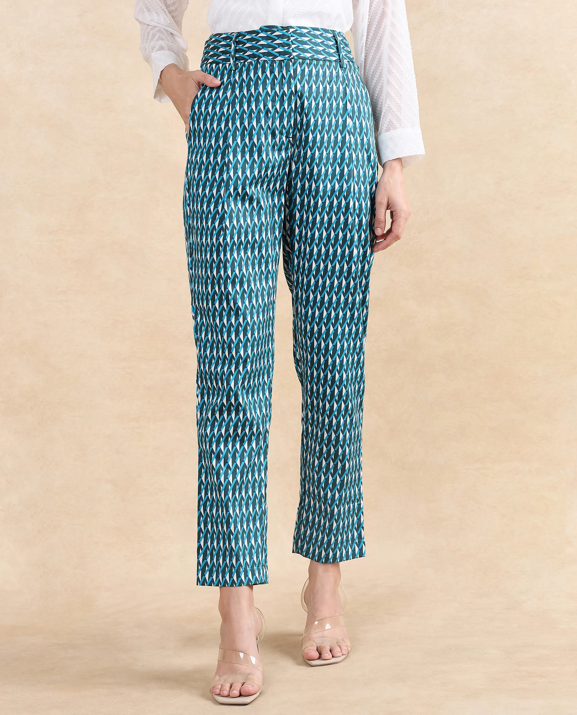 Rareism Women's Simple Multi Cotton Geometric Print Ankle Length Tapered Trouser - Image 2