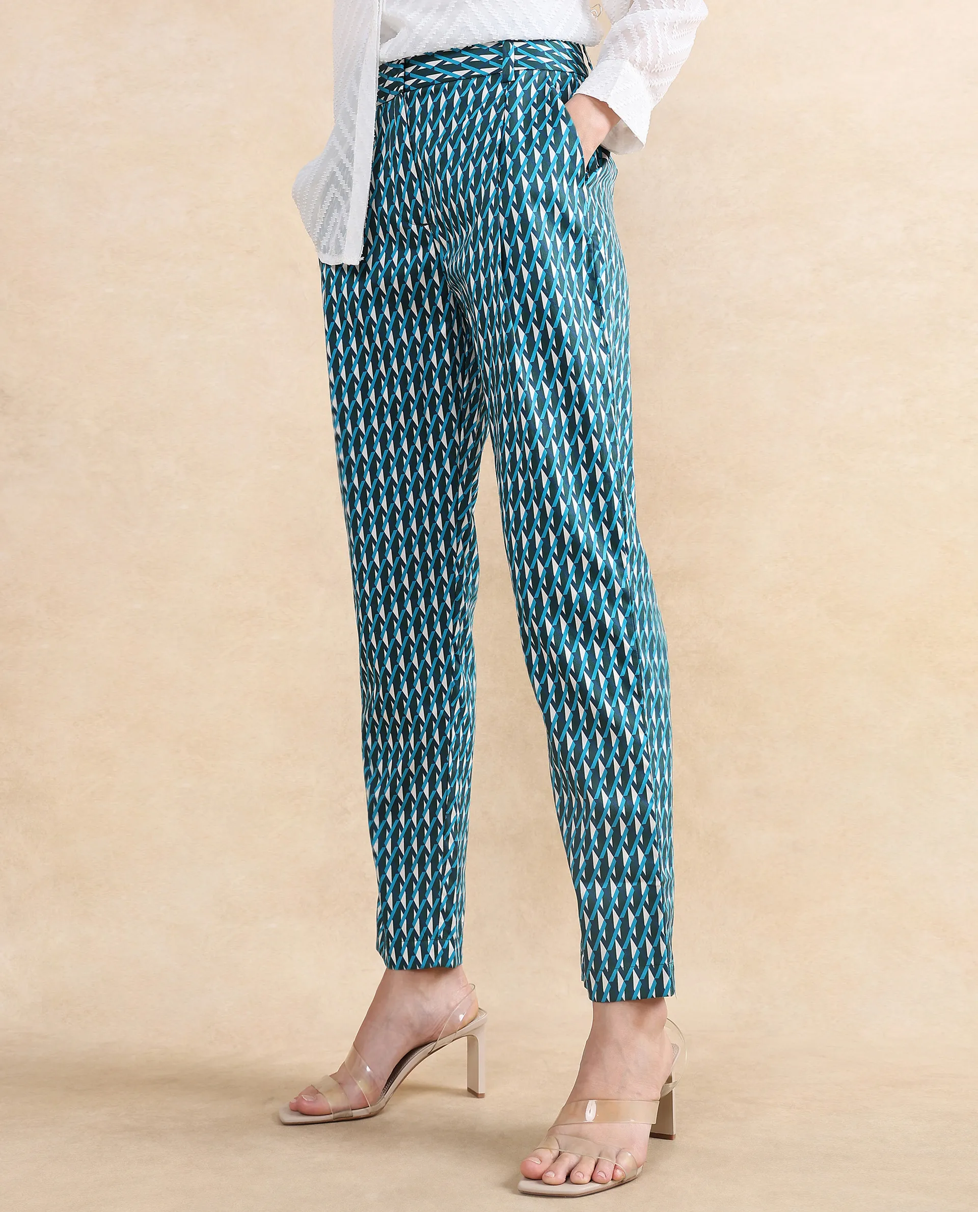 Rareism Women's Simple Multi Cotton Geometric Print Ankle Length Tapered Trouser - Image 4