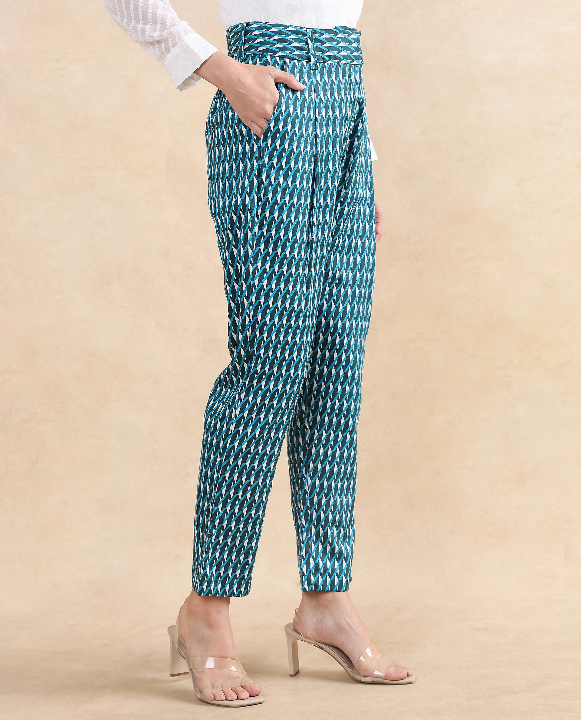 Rareism Women's Simple Multi Cotton Geometric Print Ankle Length Tapered Trouser - Image 5