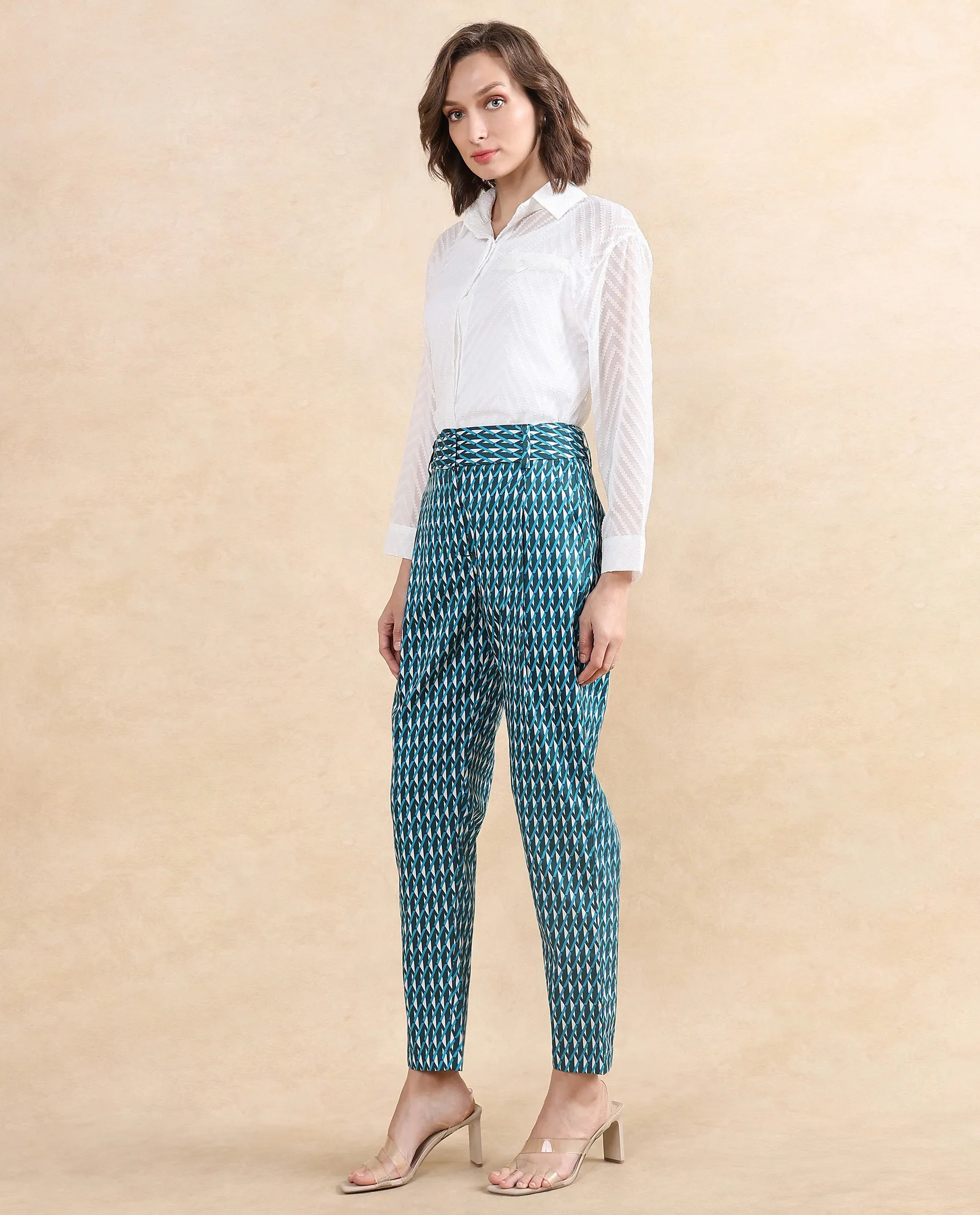 Rareism Women's Simple Multi Cotton Geometric Print Ankle Length Tapered Trouser - Image 7