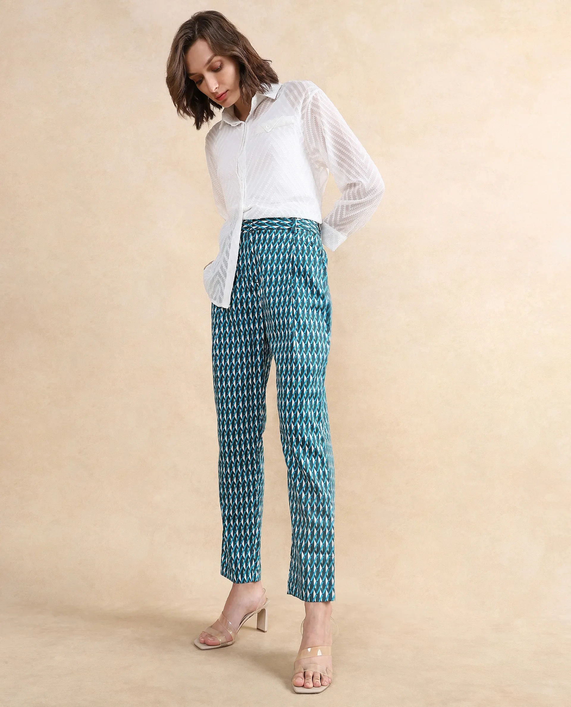 Rareism Women's Simple Multi Cotton Geometric Print Ankle Length Tapered Trouser - Image 8