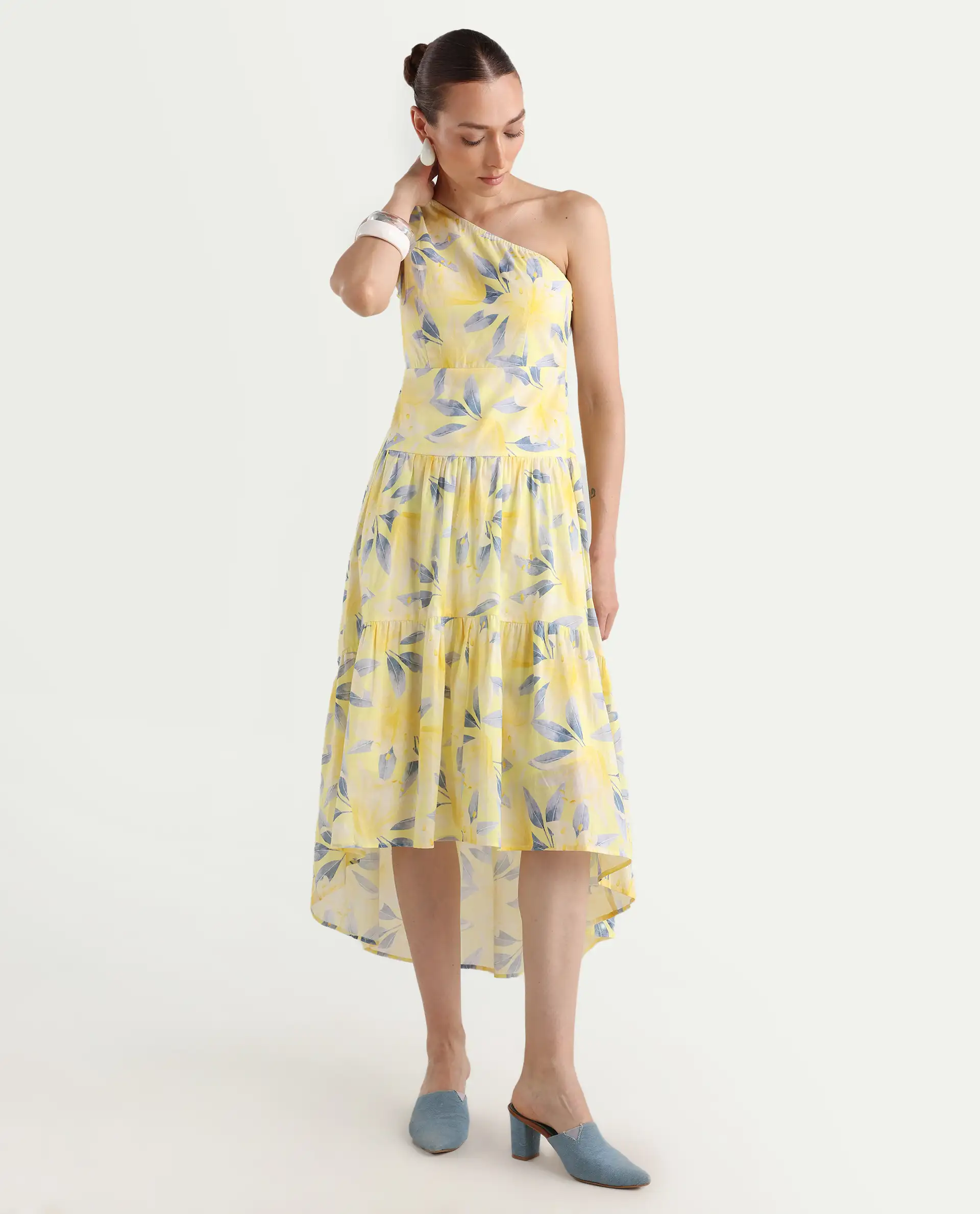 Rareism Women's Simplet Multi Cotton One Shoulder Floral Print One Shoulder Midi Fit And Flare Dress