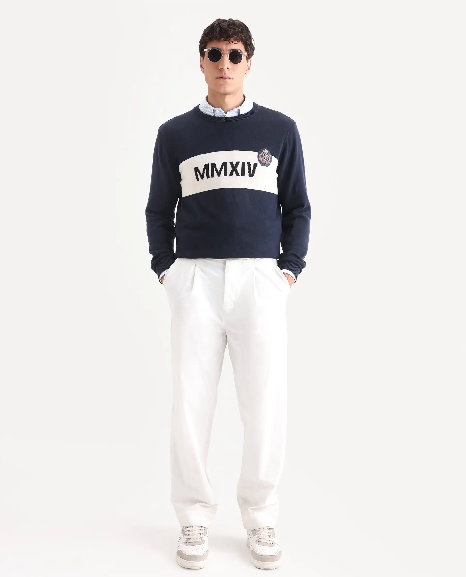 Rare Rabbit Men's Since Navy Cotton Jacquard Relaxed Fit Full Sleeve Crew Neck Sweater - Image 2