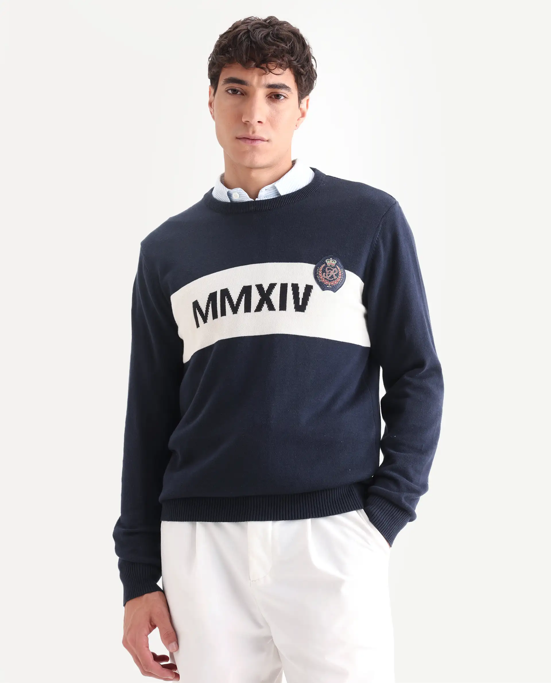 Rare Rabbit Men's Since Navy Cotton Jacquard Relaxed Fit Full Sleeve Crew Neck Sweater - Image 3