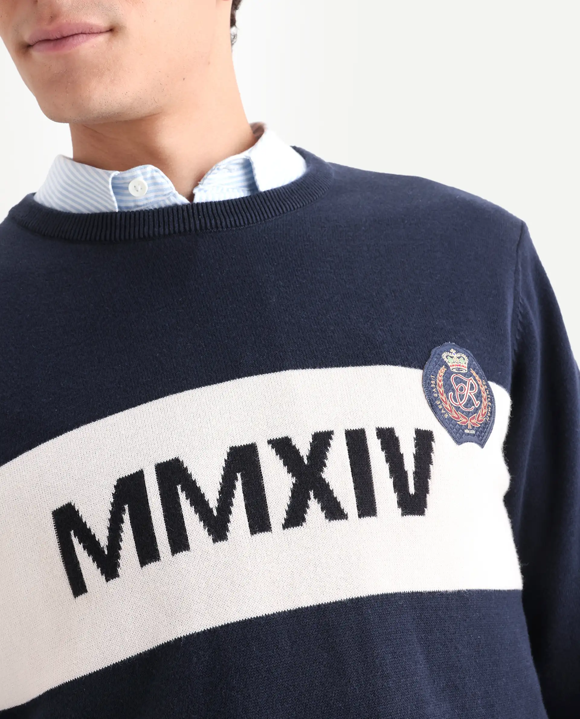Rare Rabbit Men's Since Navy Cotton Jacquard Relaxed Fit Full Sleeve Crew Neck Sweater - Image 4