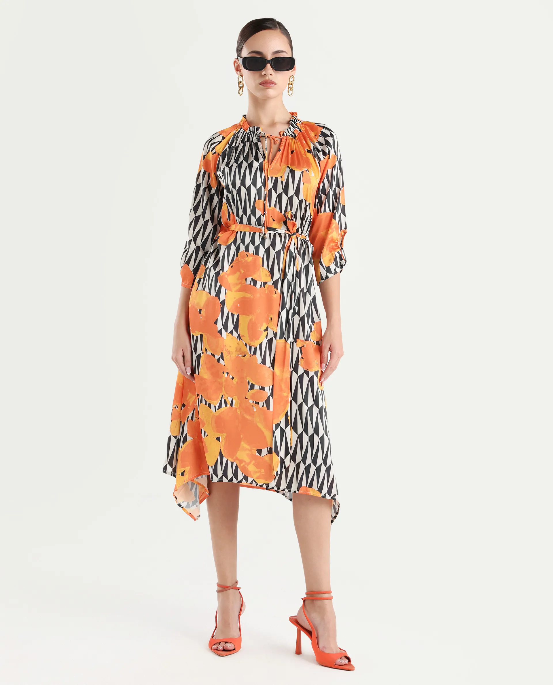 Rareism Women's Sings Black Polyester Tie-Up Neck Abstract Print Raglan Sleeve Knee Length Relaxed Fit Dress