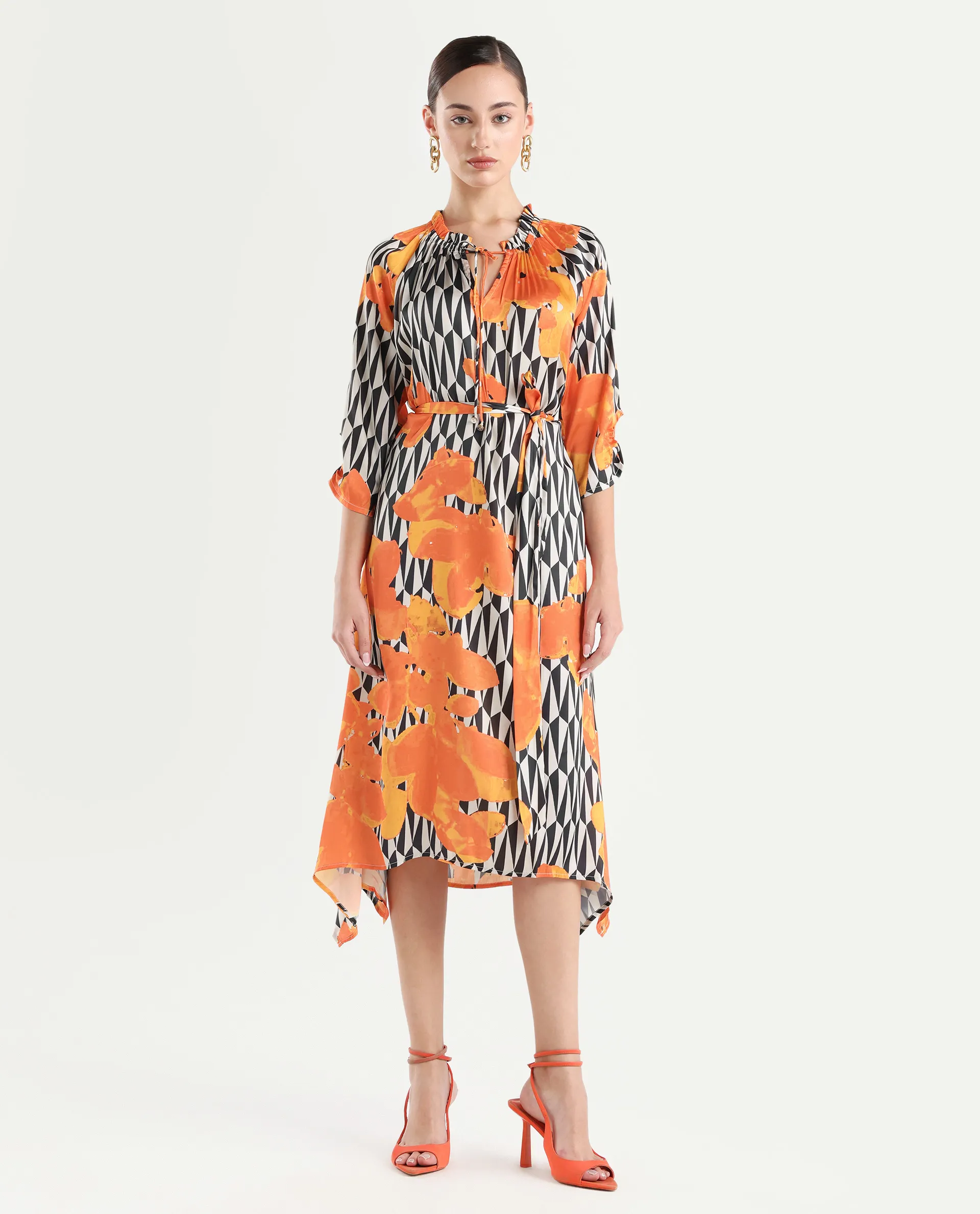 Rareism Women's Sings Black Polyester Tie-Up Neck Abstract Print Raglan Sleeve Knee Length Relaxed Fit Dress - Image 2