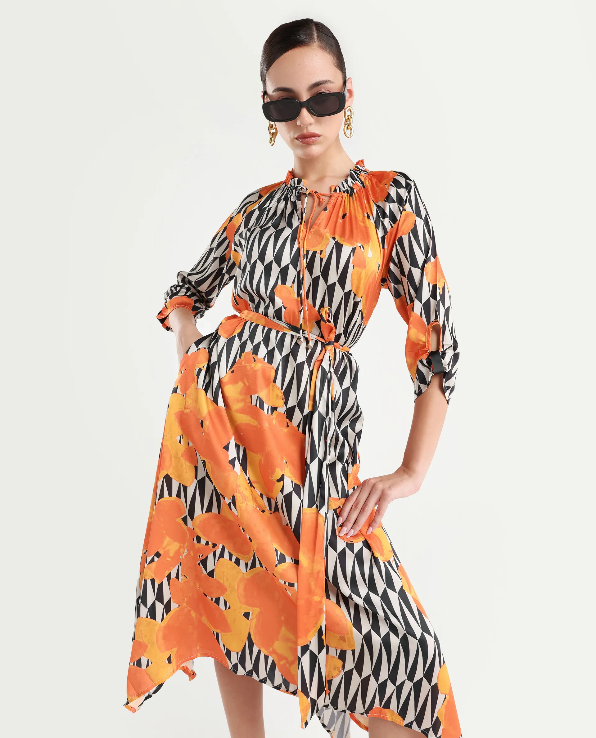 Rareism Women's Sings Black Polyester Tie-Up Neck Abstract Print Raglan Sleeve Knee Length Relaxed Fit Dress - Image 3