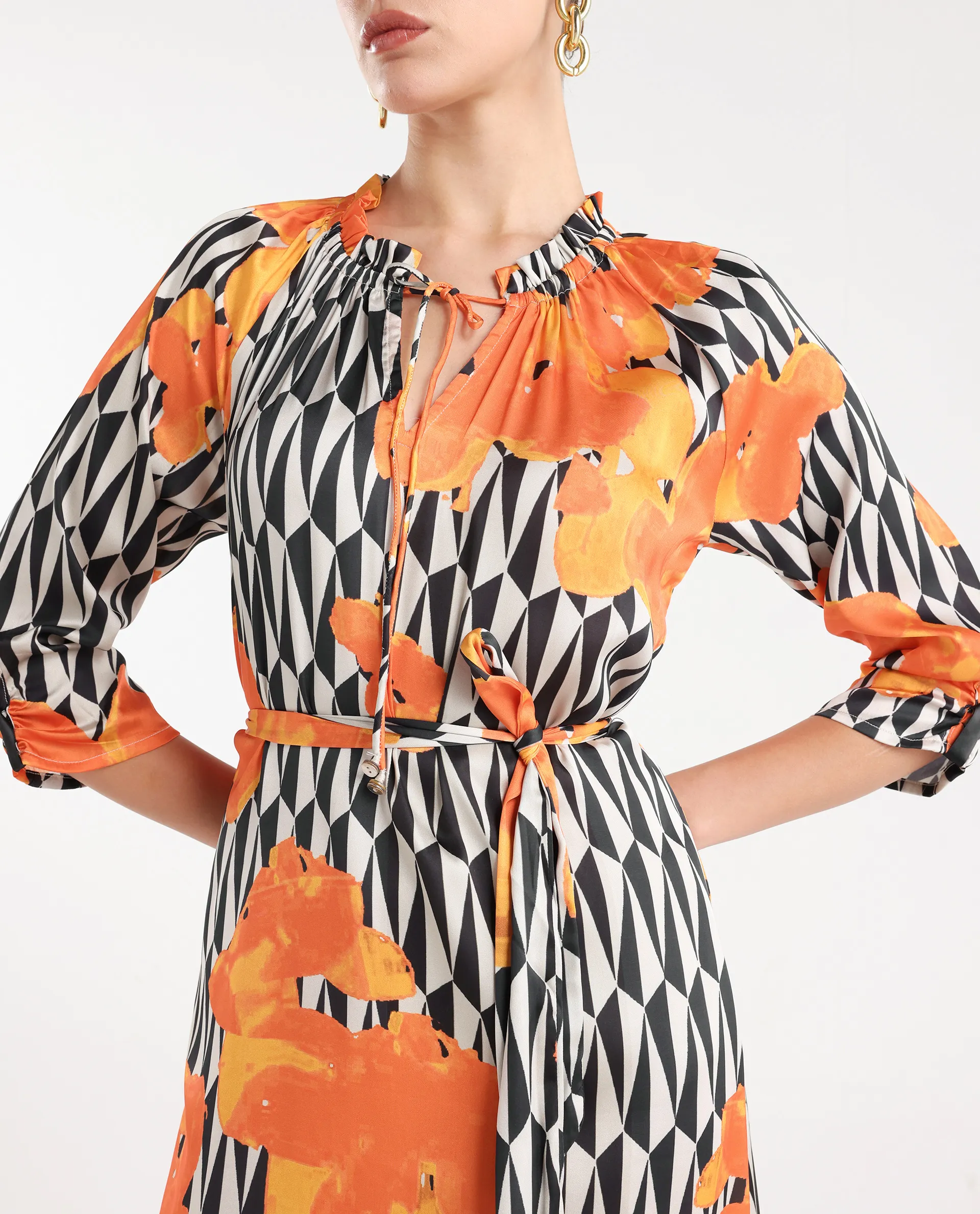 Rareism Women's Sings Black Polyester Tie-Up Neck Abstract Print Raglan Sleeve Knee Length Relaxed Fit Dress - Image 4