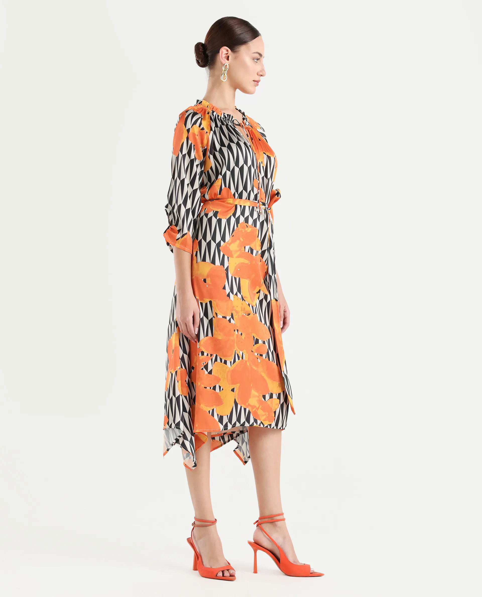 Rareism Women's Sings Black Polyester Tie-Up Neck Abstract Print Raglan Sleeve Knee Length Relaxed Fit Dress - Image 6