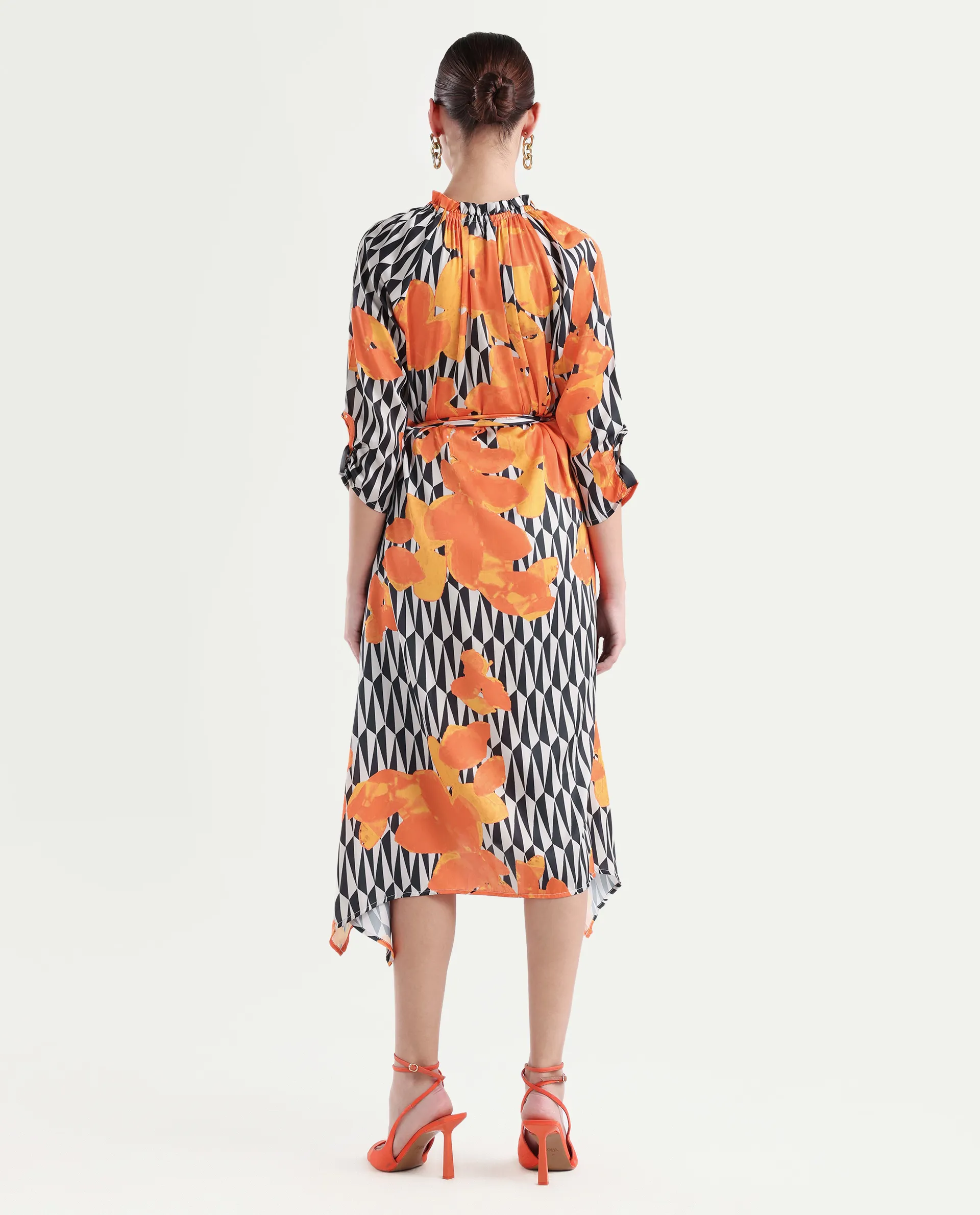 Rareism Women's Sings Black Polyester Tie-Up Neck Abstract Print Raglan Sleeve Knee Length Relaxed Fit Dress - Image 7
