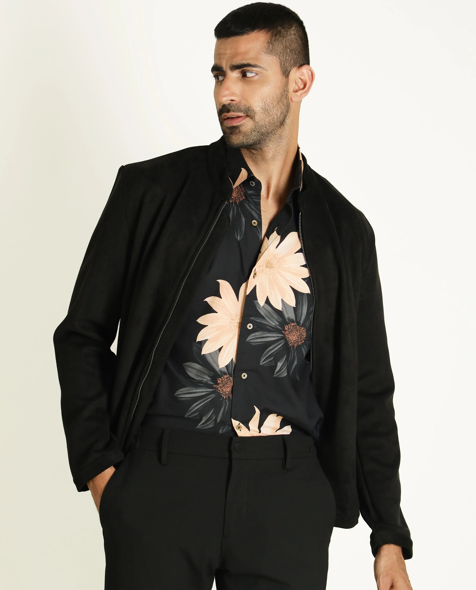 Rare Rabbit Men's Sink Black Suede Plain Regular Fit Full Sleeve Mandarin Collar Jacket - Image 2