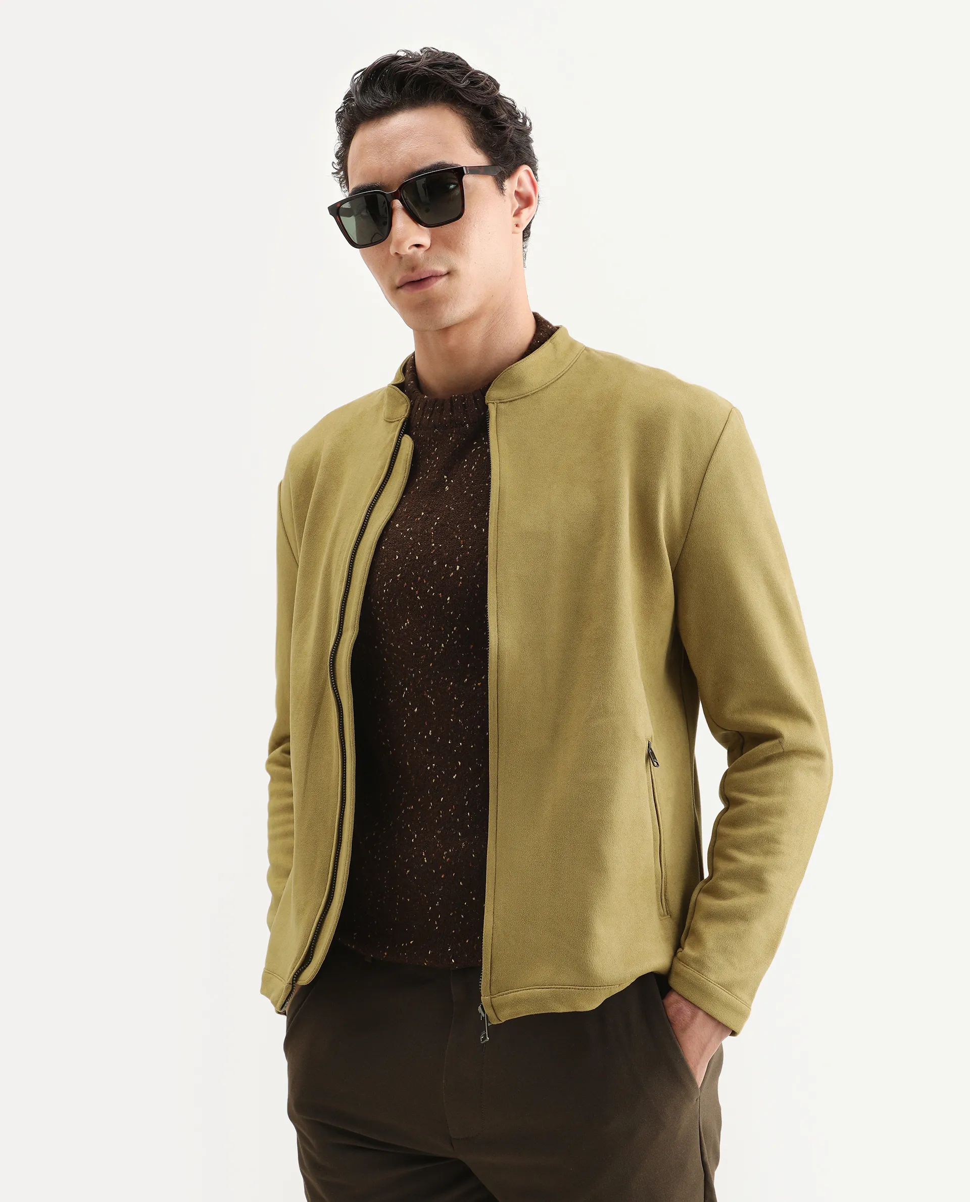 Rare Rabbit Men's Sink Green Plain Regular Fit Full Sleeve Mandarin Collar Jacket