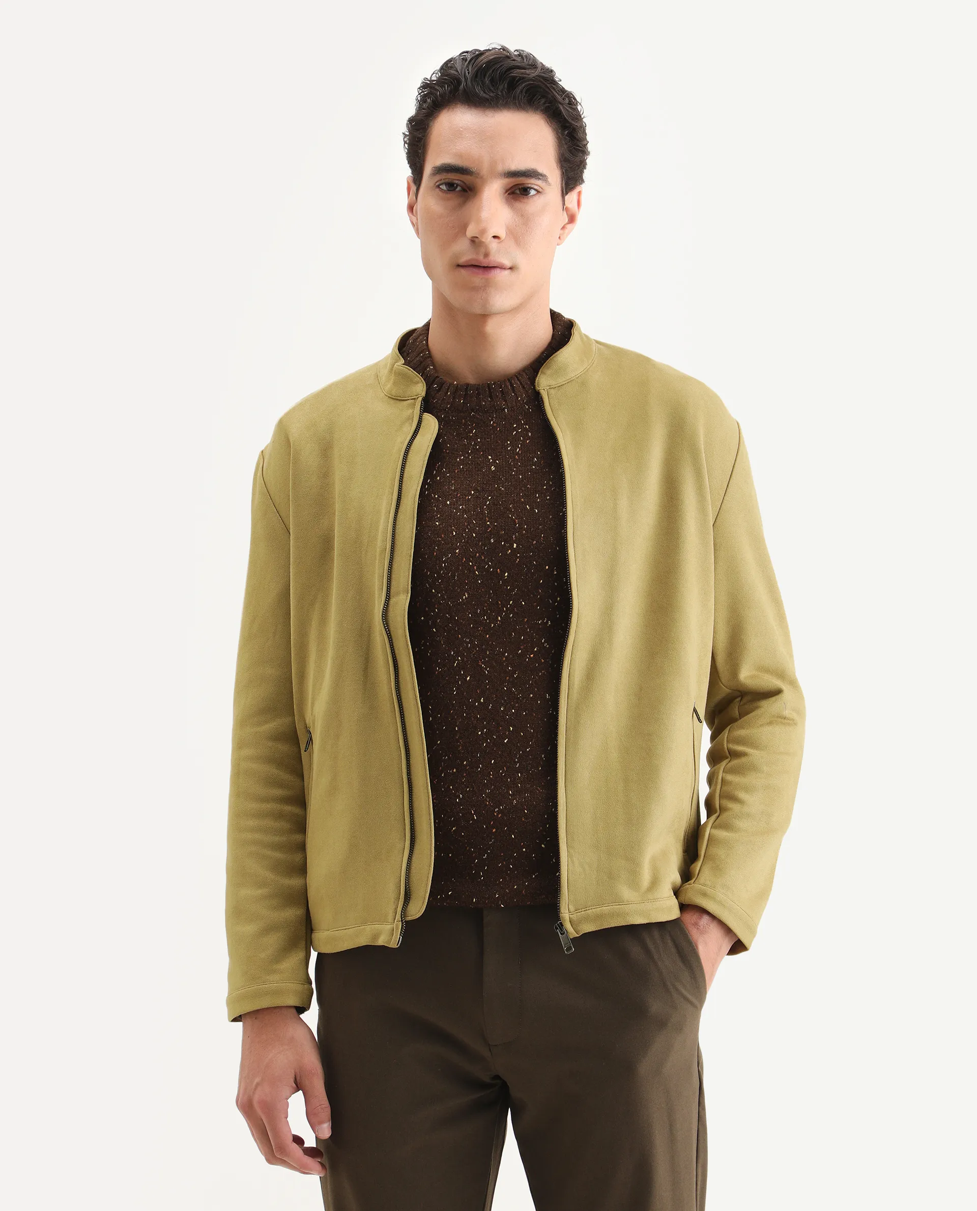 Rare Rabbit Men's Sink Green Plain Regular Fit Full Sleeve Mandarin Collar Jacket - Image 3