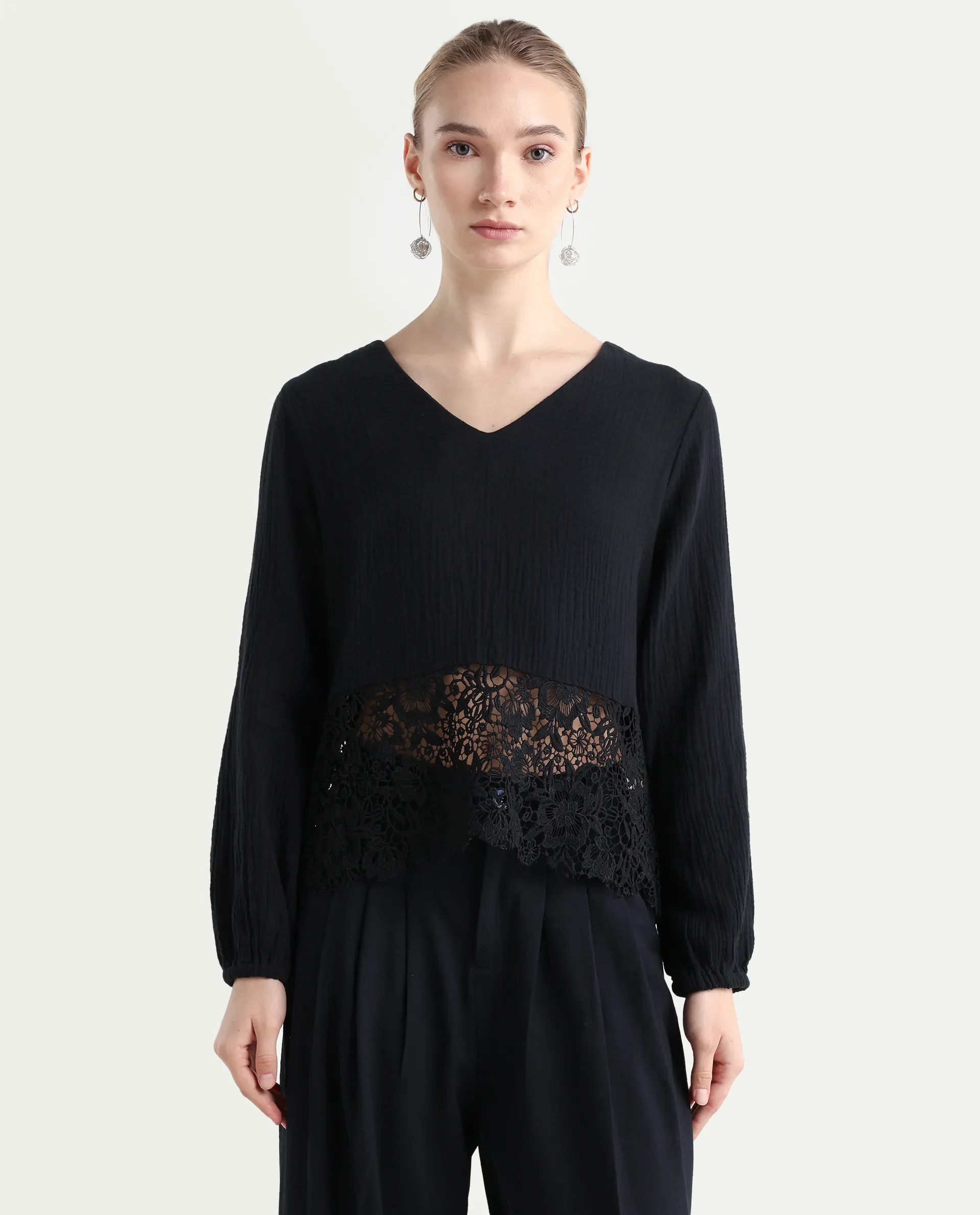 Rareism Women's Sinloa Black Cotton Blend V-Neck Plain Bishop Sleeve Regular Fit Top - Image 3
