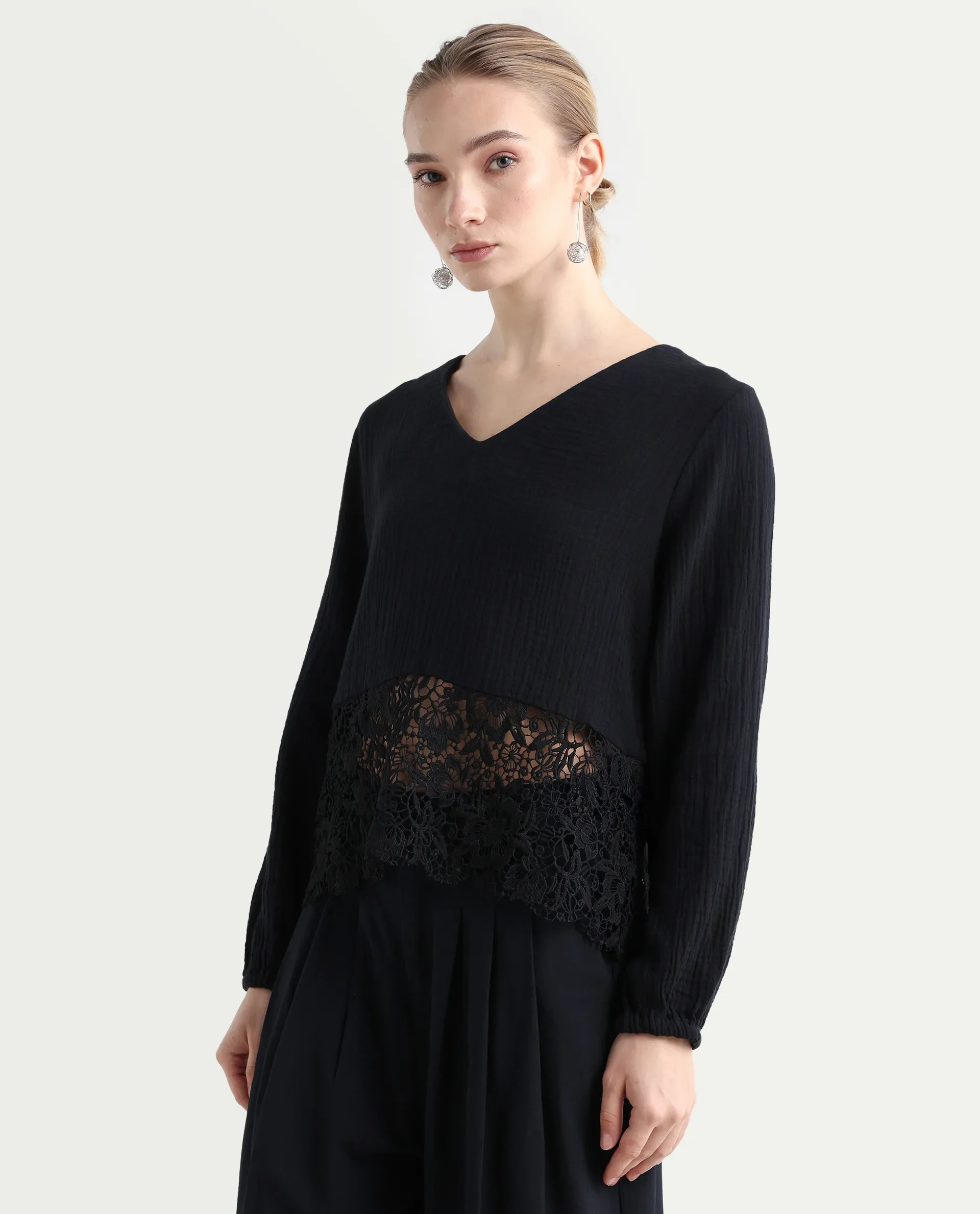Rareism Women's Sinloa Black Cotton Blend V-Neck Plain Bishop Sleeve Regular Fit Top - Image 5