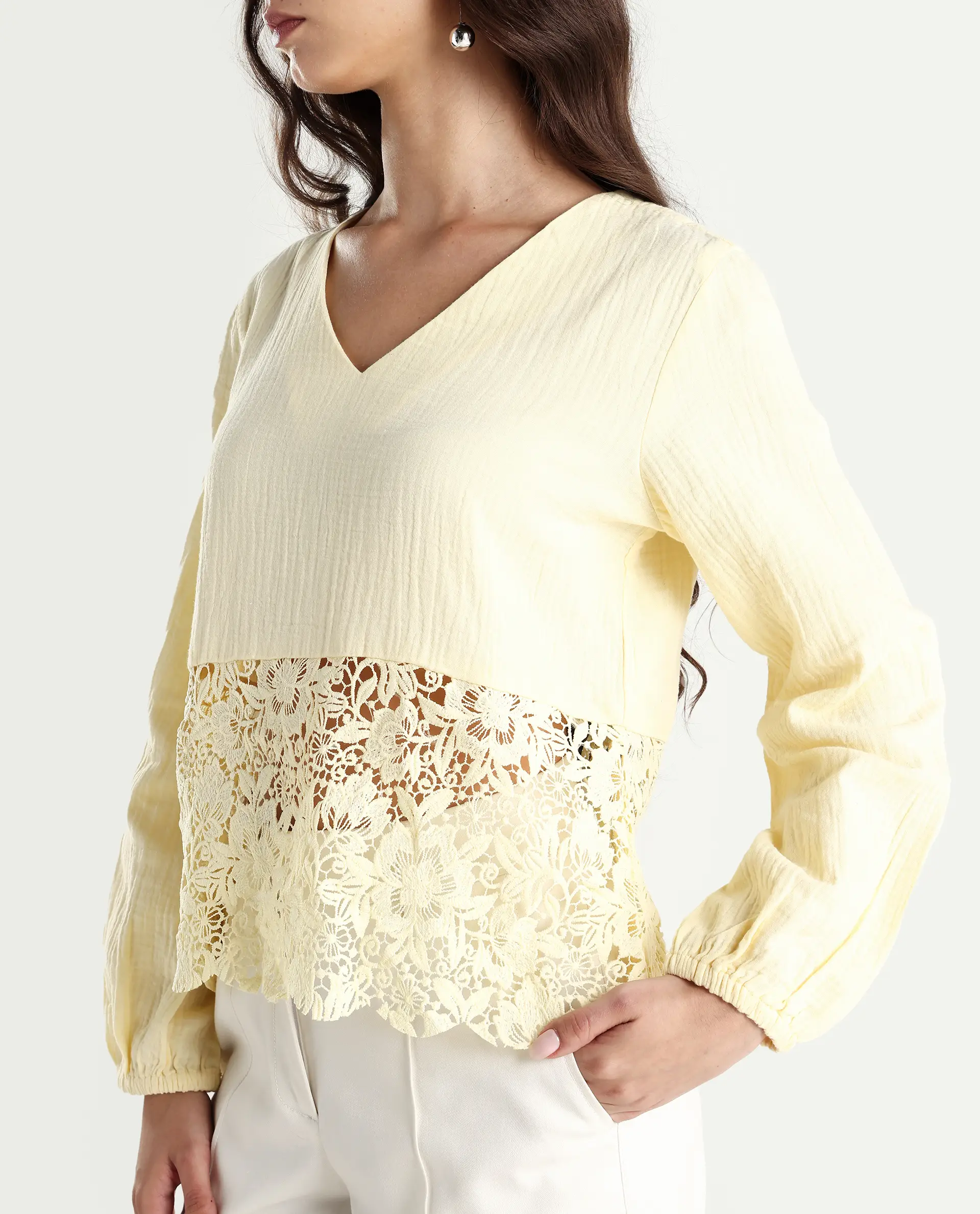 Rareism Women's Sinloao Light Yellow Cotton V-Neck Plain Bishop Sleeve Regular Fit Top