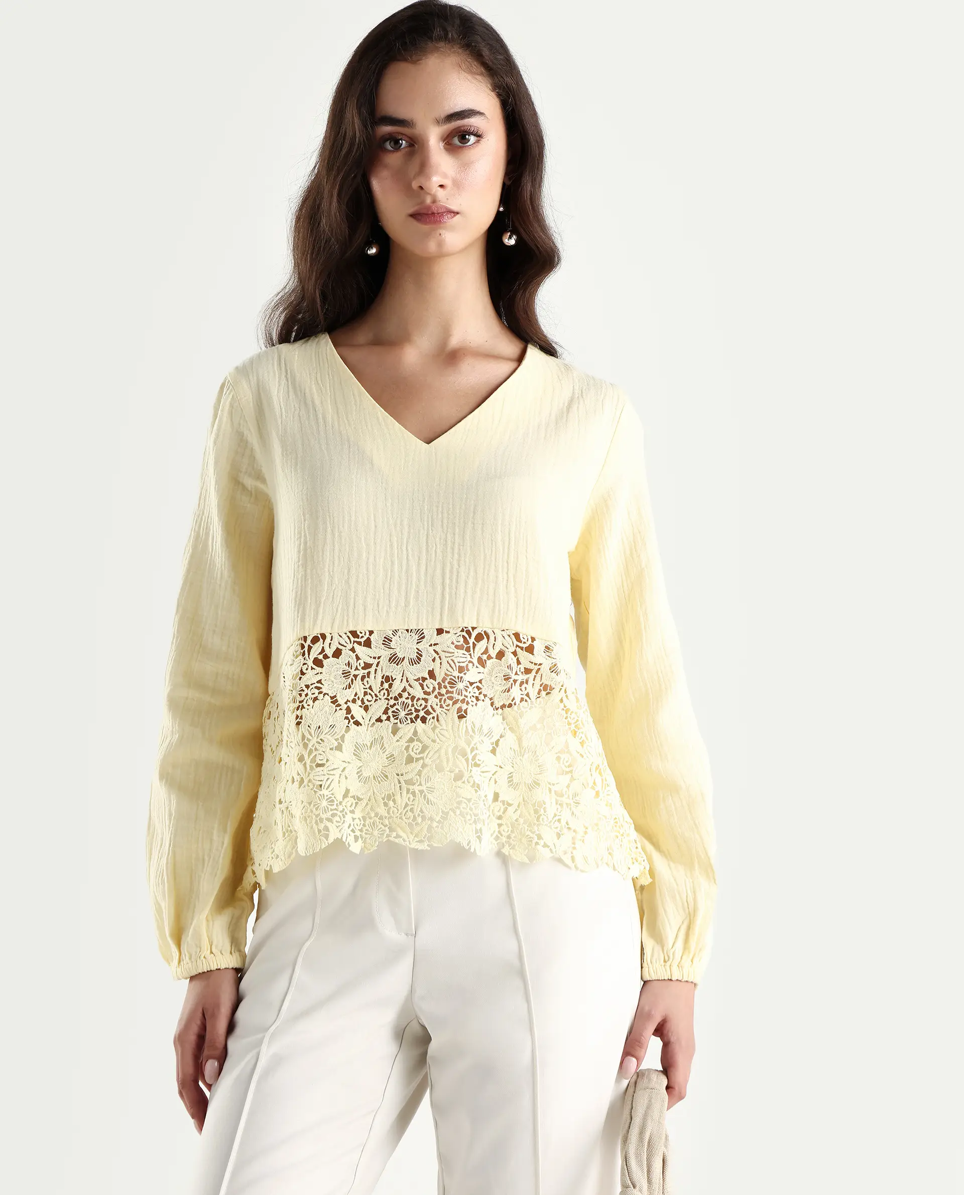 Rareism Women's Sinloao Light Yellow Cotton V-Neck Plain Bishop Sleeve Regular Fit Top - Image 2