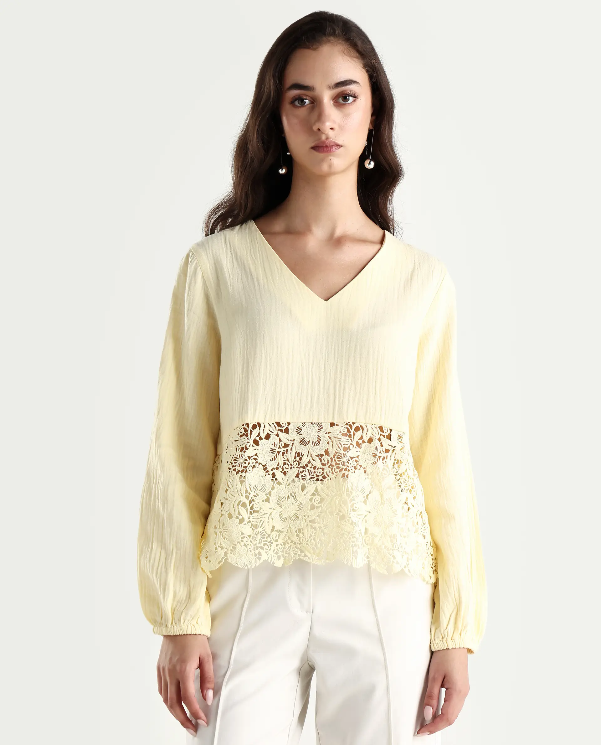 Rareism Women's Sinloao Light Yellow Cotton V-Neck Plain Bishop Sleeve Regular Fit Top - Image 4