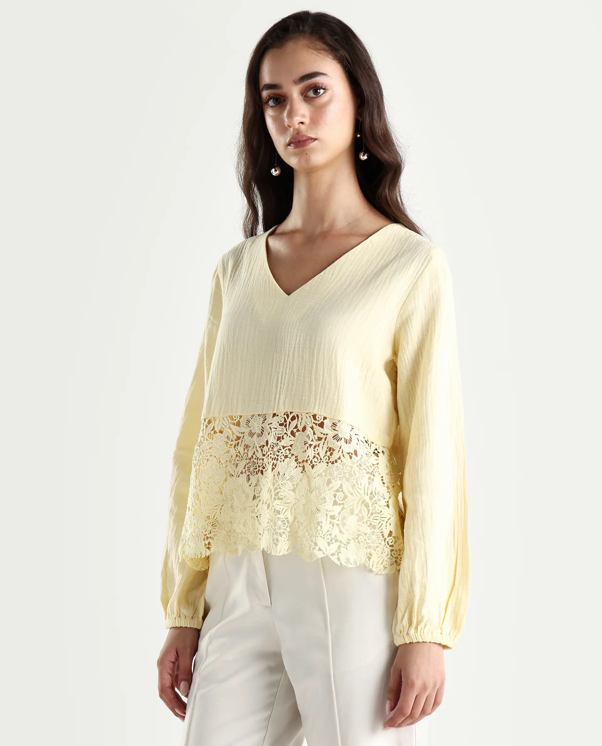 Rareism Women's Sinloao Light Yellow Cotton V-Neck Plain Bishop Sleeve Regular Fit Top - Image 5