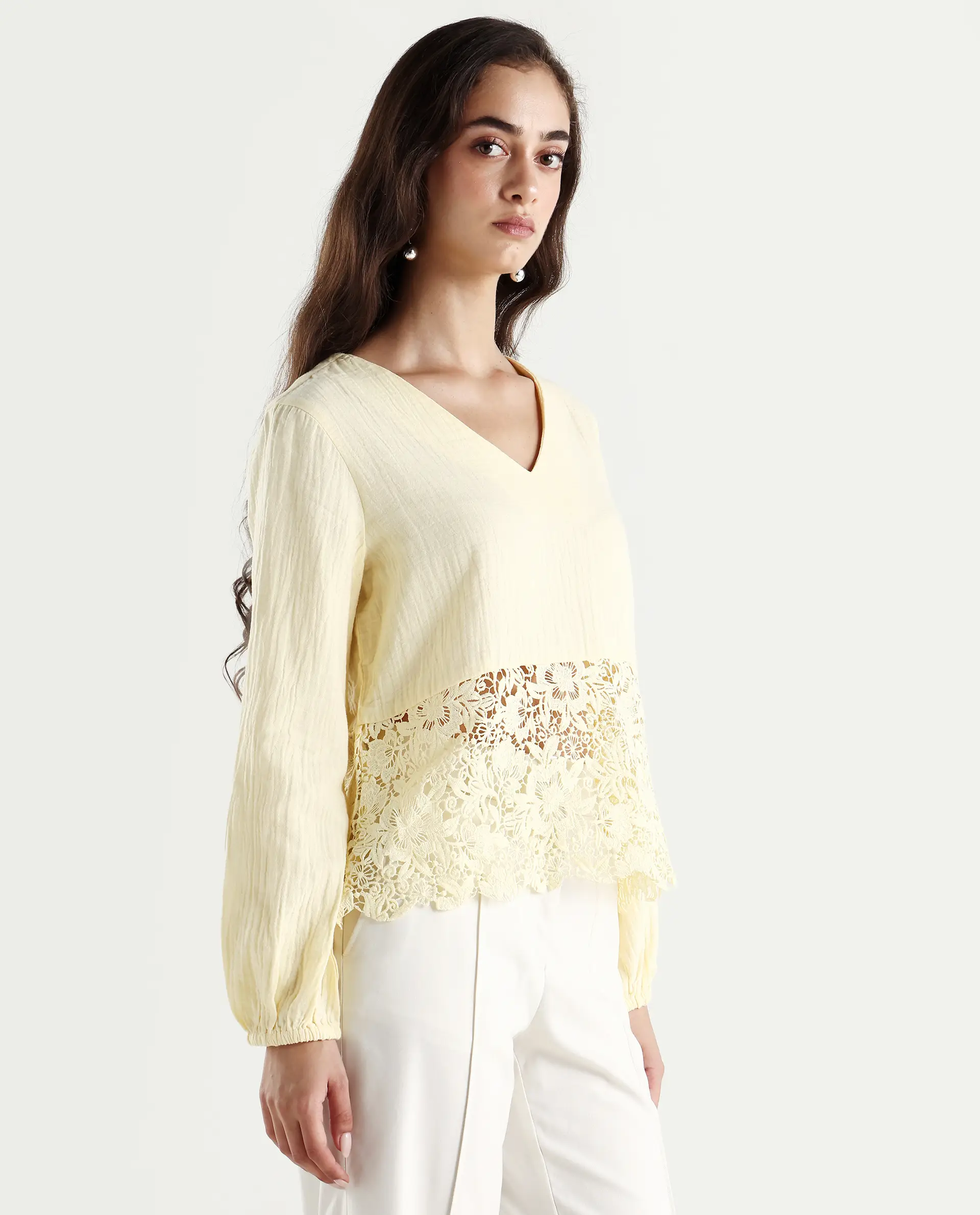 Rareism Women's Sinloao Light Yellow Cotton V-Neck Plain Bishop Sleeve Regular Fit Top - Image 6