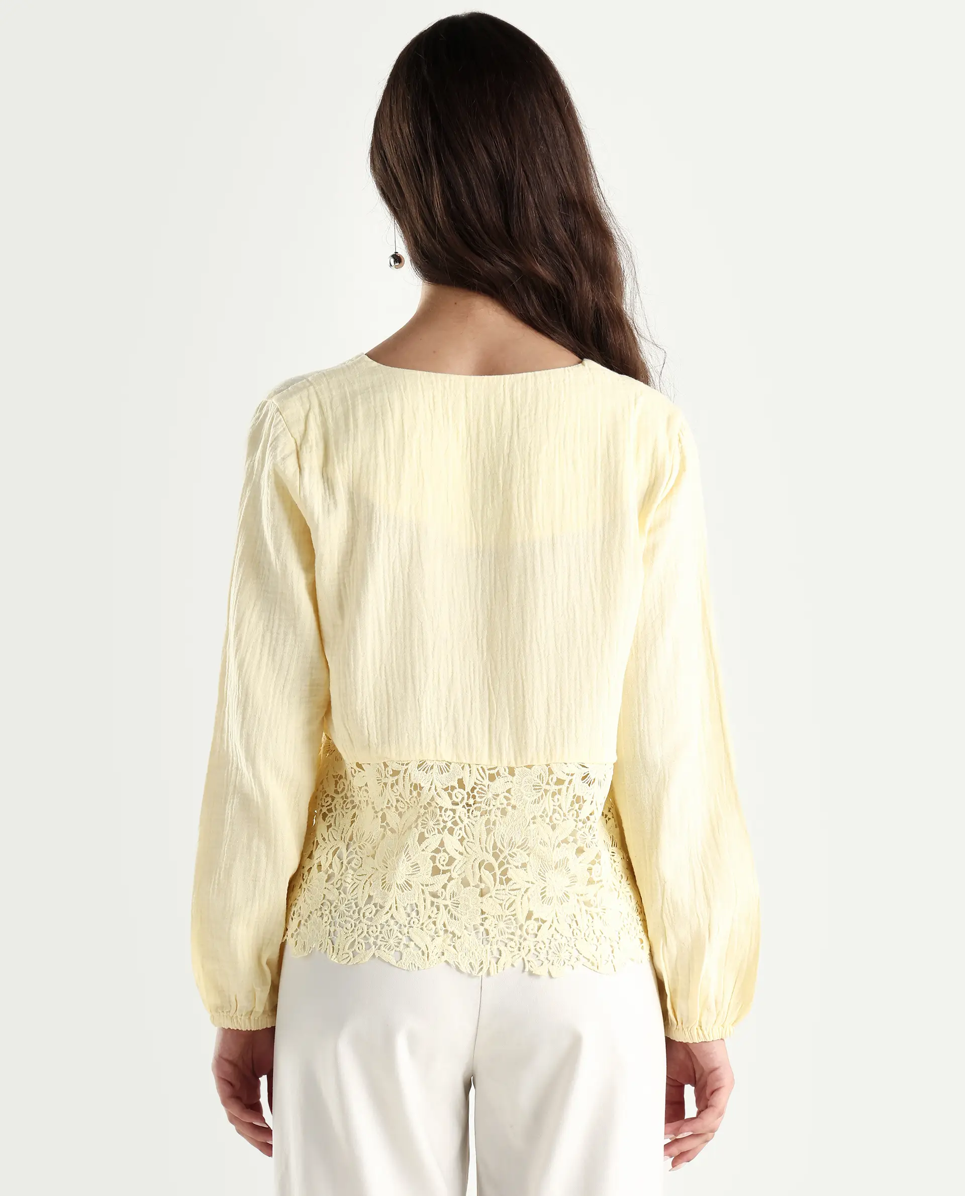 Rareism Women's Sinloao Light Yellow Cotton V-Neck Plain Bishop Sleeve Regular Fit Top - Image 7