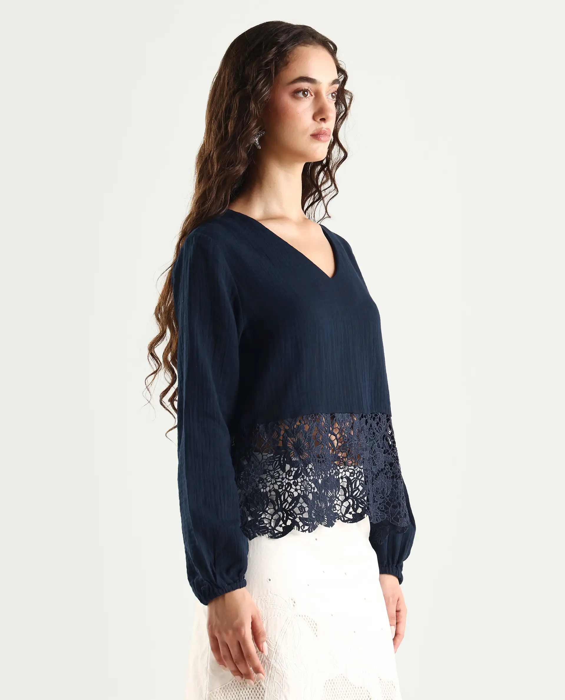 Rareism Women's Sinloao Navy Cotton V-Neck Plain Bishop Sleeve Regular Fit Top - Image 5