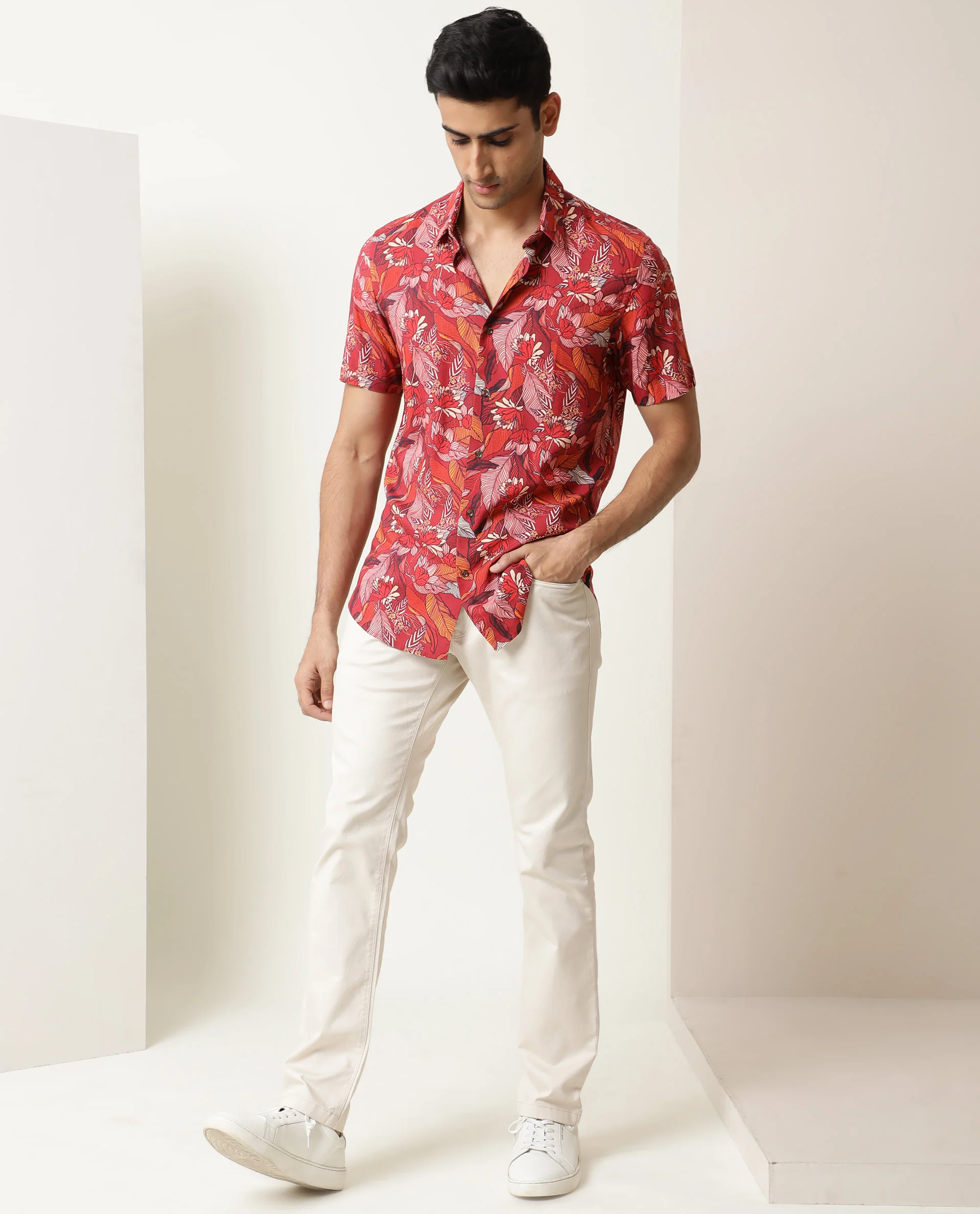 Rare Rabbit Men's Sinq Red Viscose Floral Print Regular Fit Half Sleeve Collared Shirt - Image 2