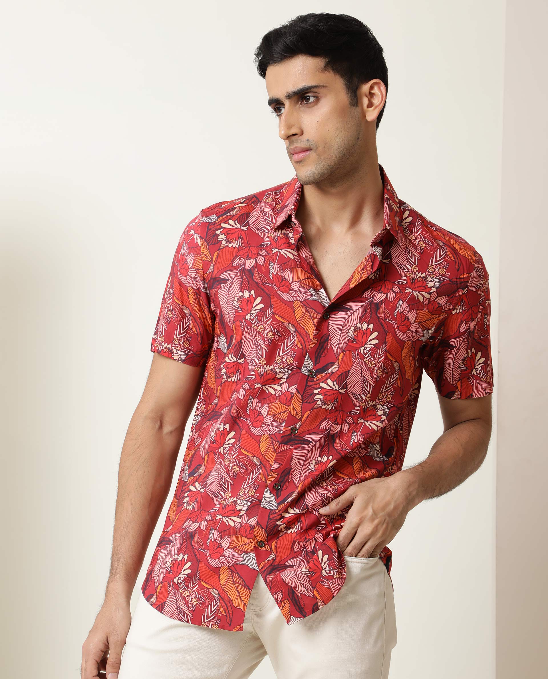 Rare Rabbit Men's Sinq Red Viscose Floral Print Regular Fit Half Sleeve Collared Shirt - Image 5