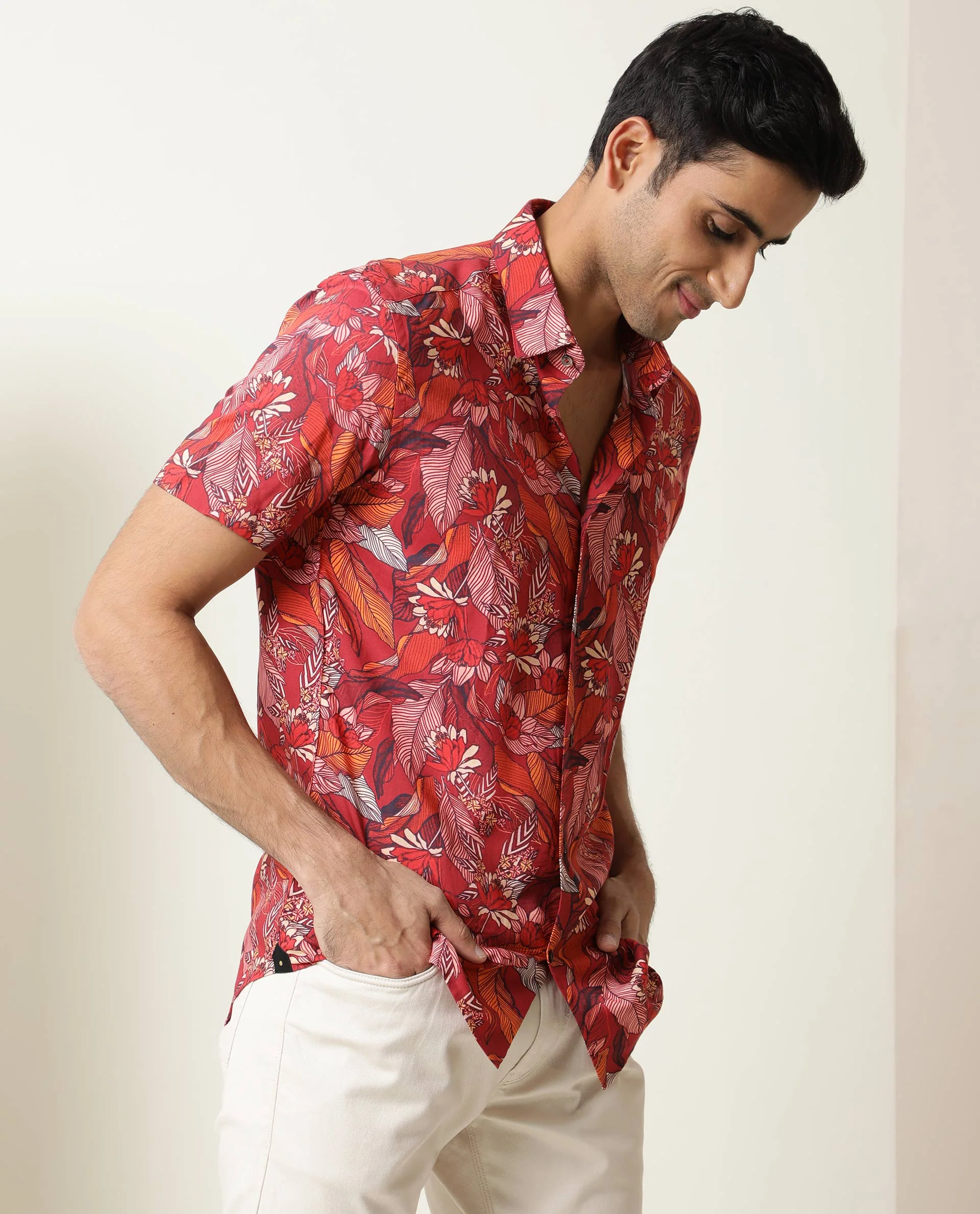 Rare Rabbit Men's Sinq Red Viscose Floral Print Regular Fit Half Sleeve Collared Shirt - Image 6