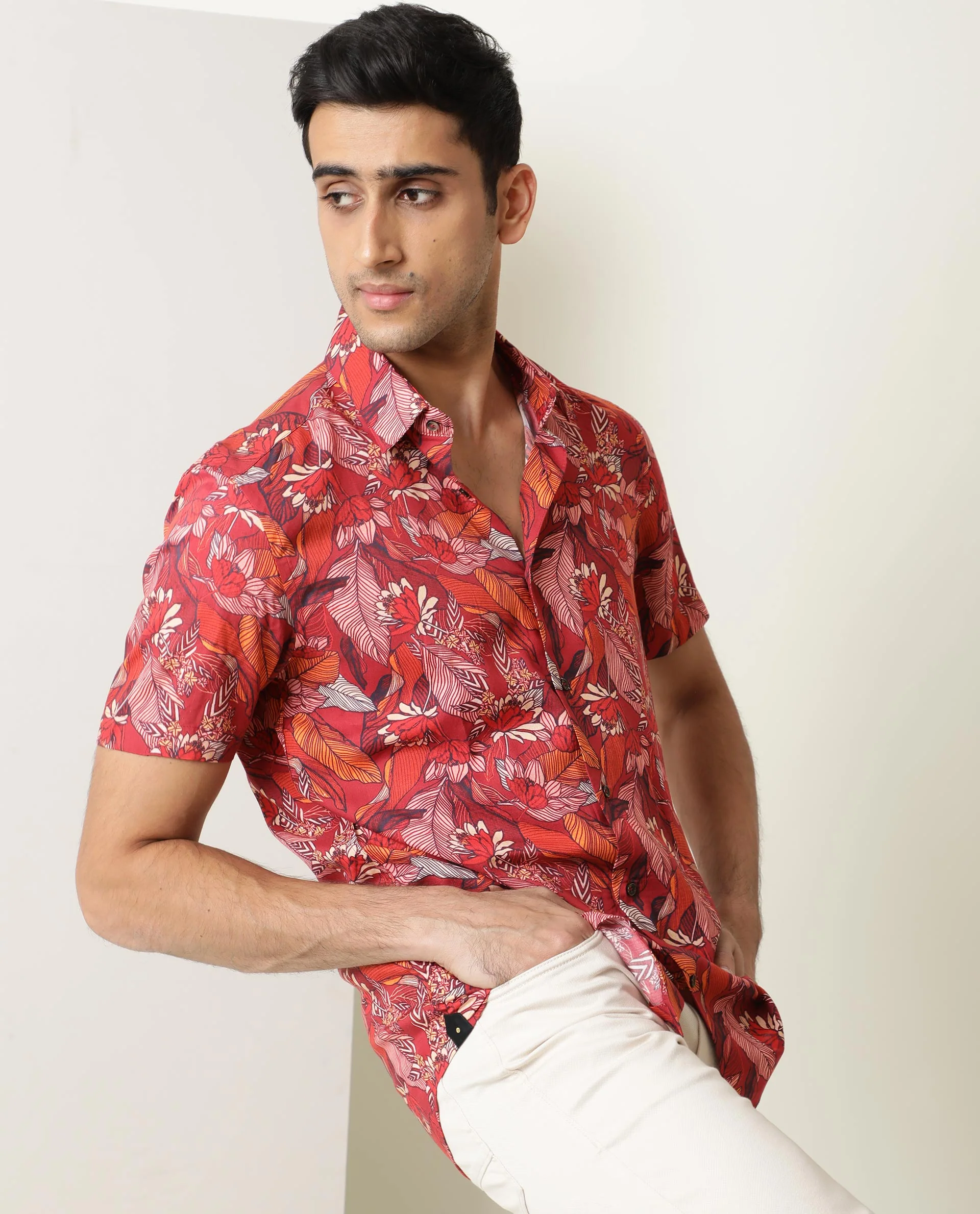 Rare Rabbit Men's Sinq Red Viscose Floral Print Regular Fit Half Sleeve Collared Shirt - Image 7