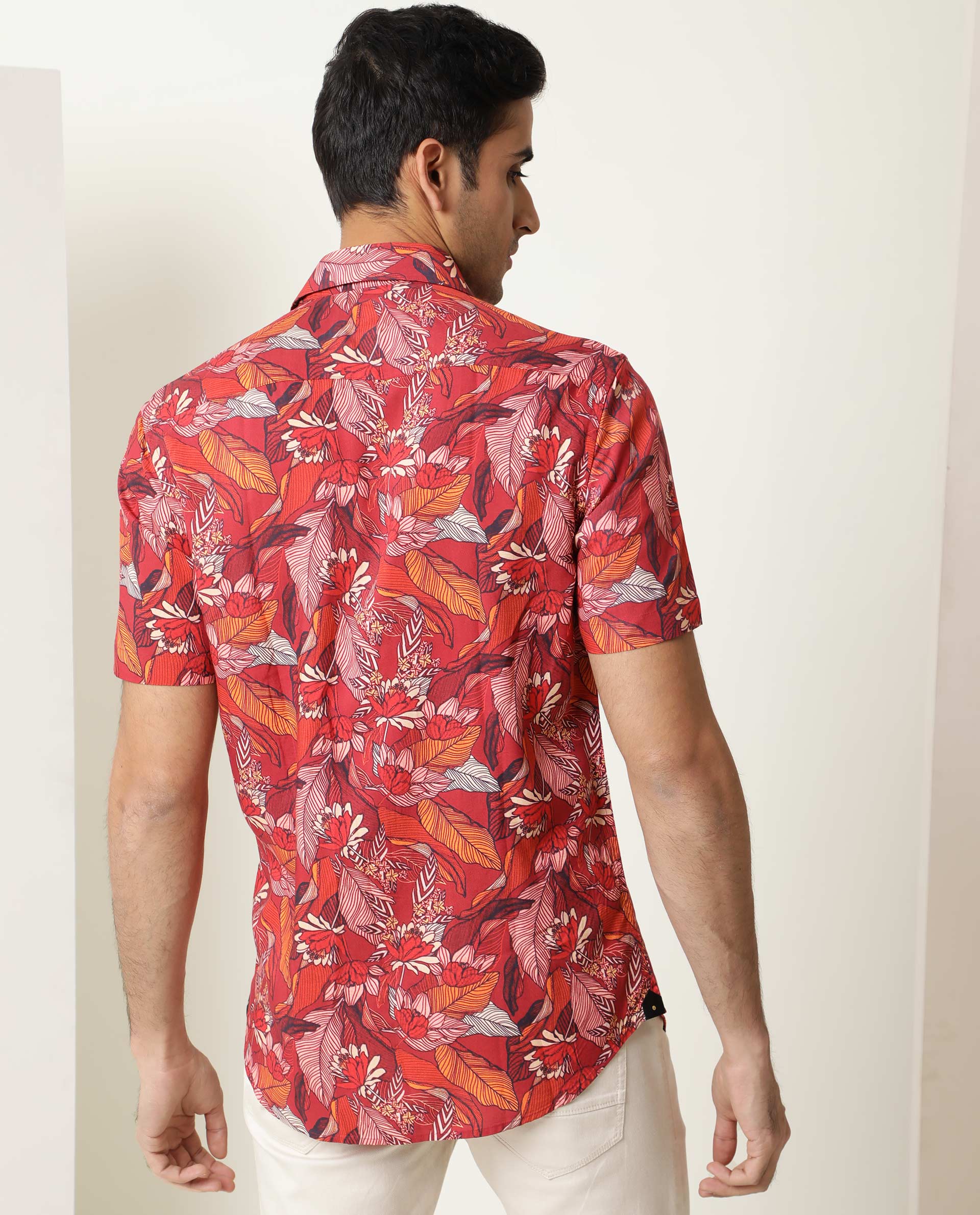 Rare Rabbit Men's Sinq Red Viscose Floral Print Regular Fit Half Sleeve Collared Shirt - Image 8