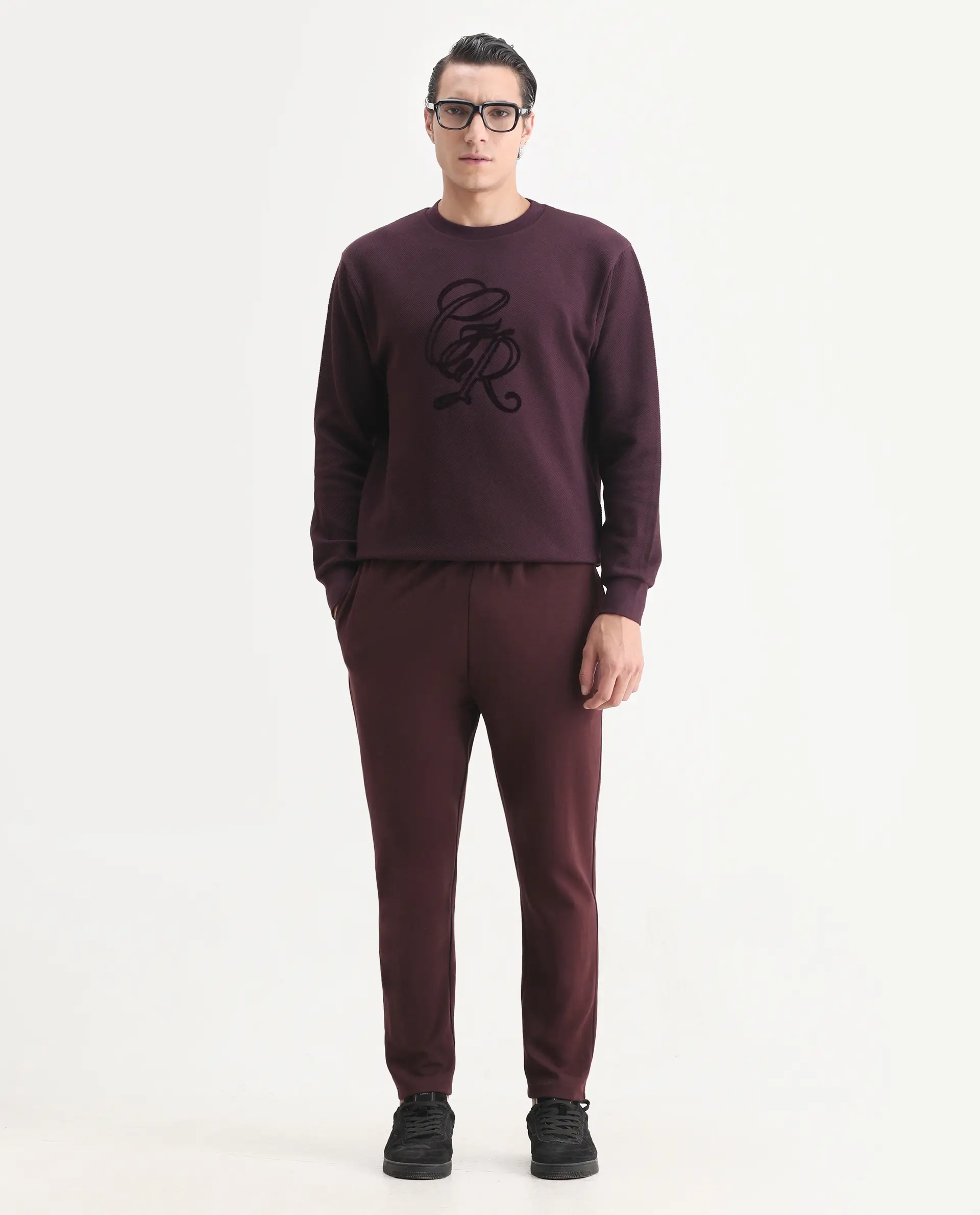 Rare Rabbit Men's Sint Dark Maroon Polyester Blend Fabric Full Sleeves Crew Neck Typography Print Sweatshirt - Image 2
