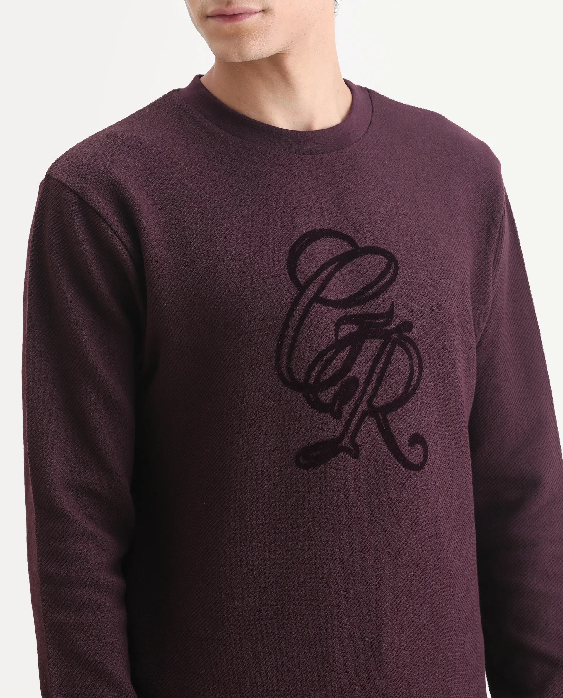 Rare Rabbit Men's Sint Dark Maroon Polyester Blend Fabric Full Sleeves Crew Neck Typography Print Sweatshirt - Image 3