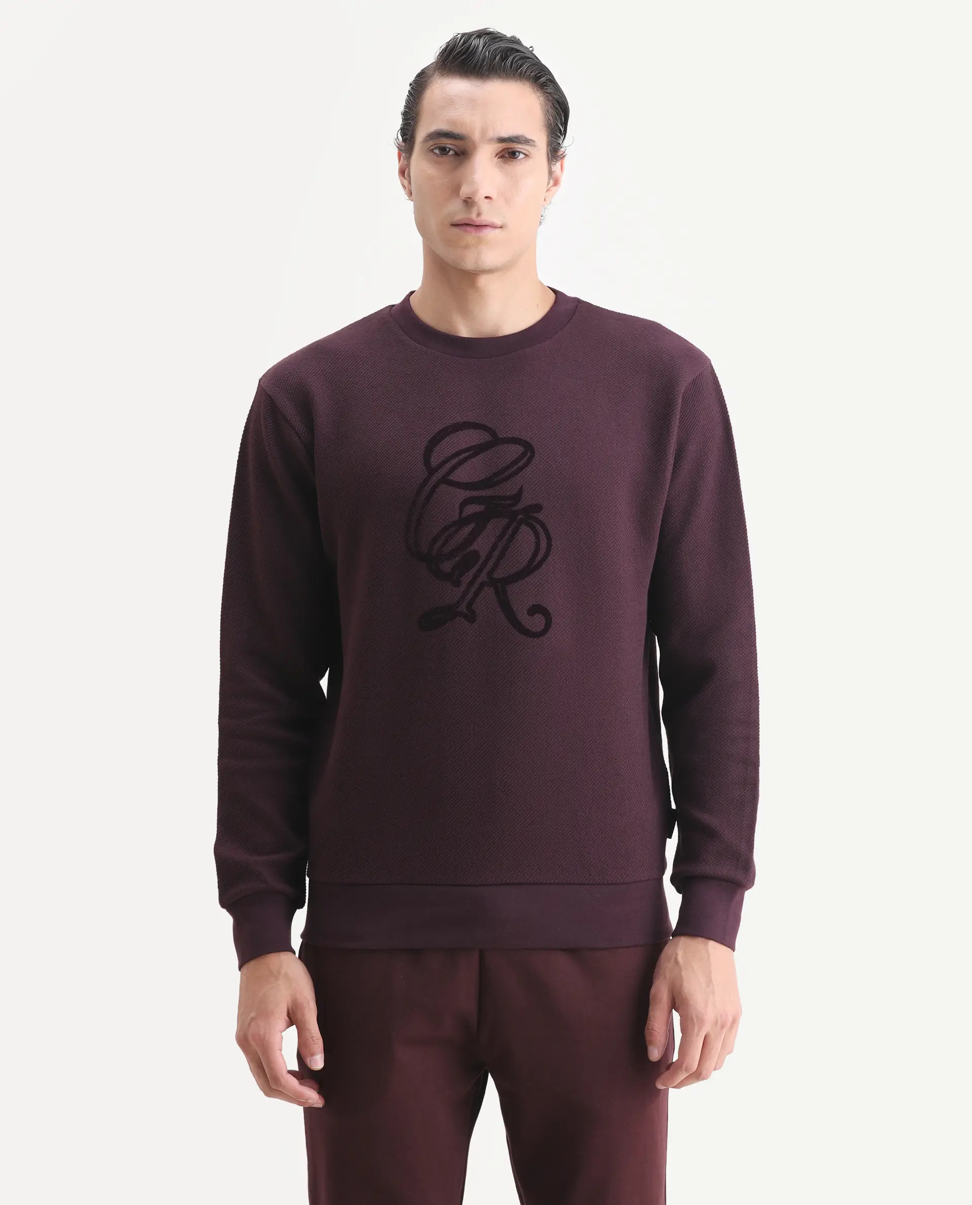 Rare Rabbit Men's Sint Dark Maroon Polyester Blend Fabric Full Sleeves Crew Neck Typography Print Sweatshirt - Image 4