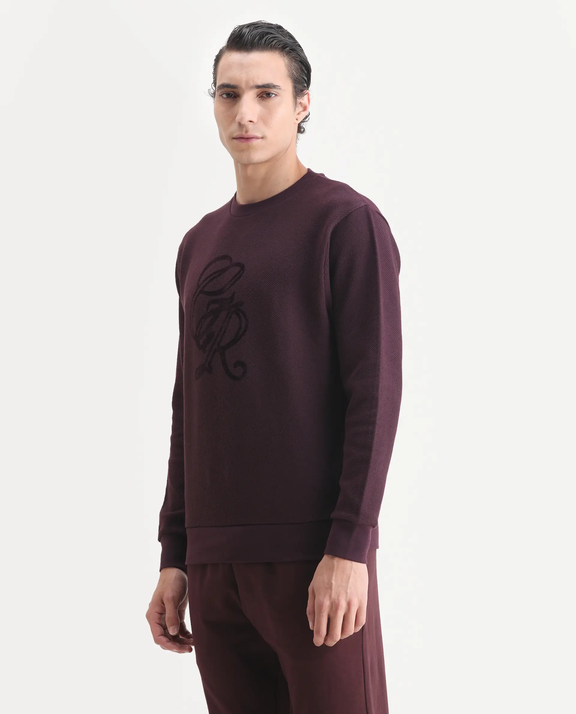 Rare Rabbit Men's Sint Dark Maroon Polyester Blend Fabric Full Sleeves Crew Neck Typography Print Sweatshirt - Image 5