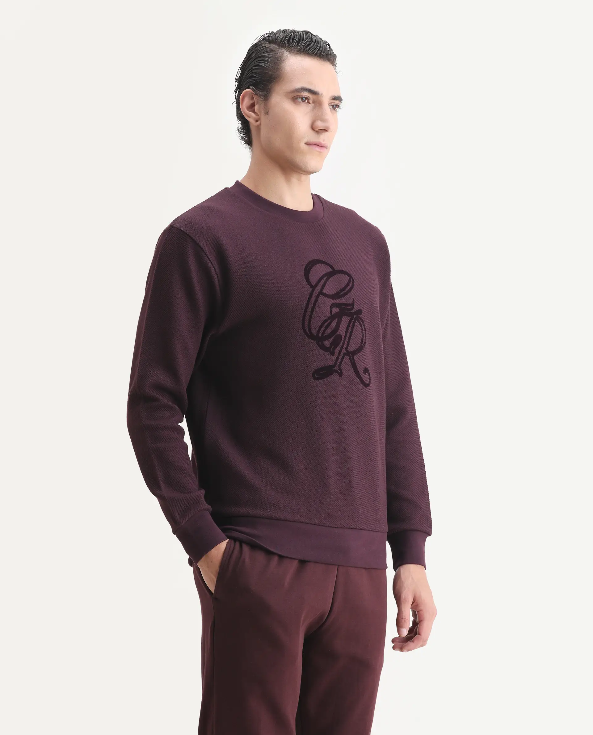 Rare Rabbit Men's Sint Dark Maroon Polyester Blend Fabric Full Sleeves Crew Neck Typography Print Sweatshirt - Image 6