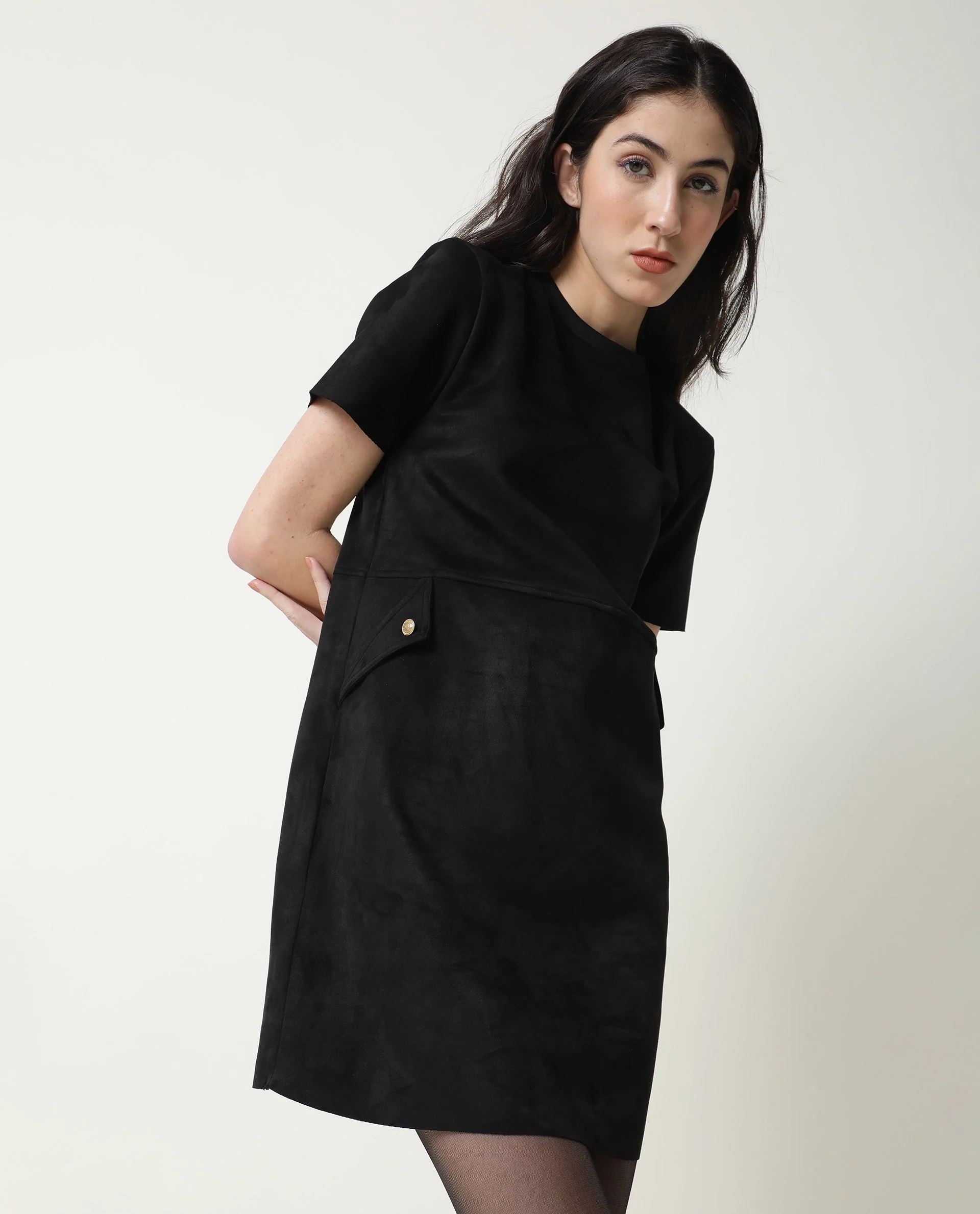 Rareism Women's Sions Black Crew Neck Plain Knee Length Tailored Dress - Image 10