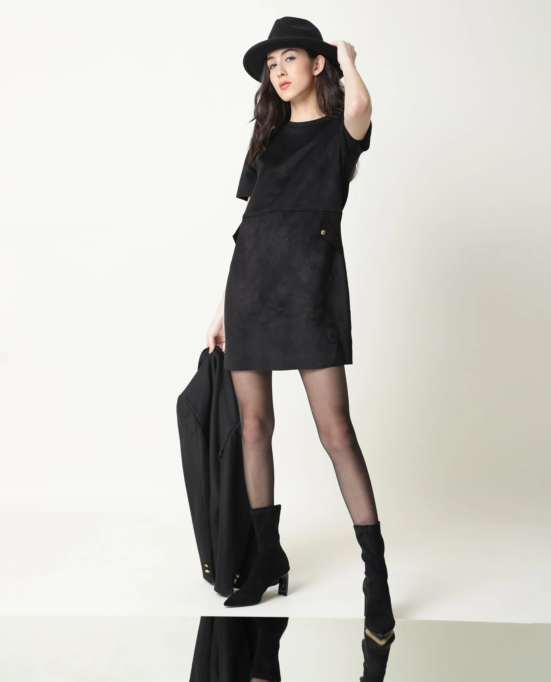 Rareism Women's Sions Black Crew Neck Plain Knee Length Tailored Dress - Image 14