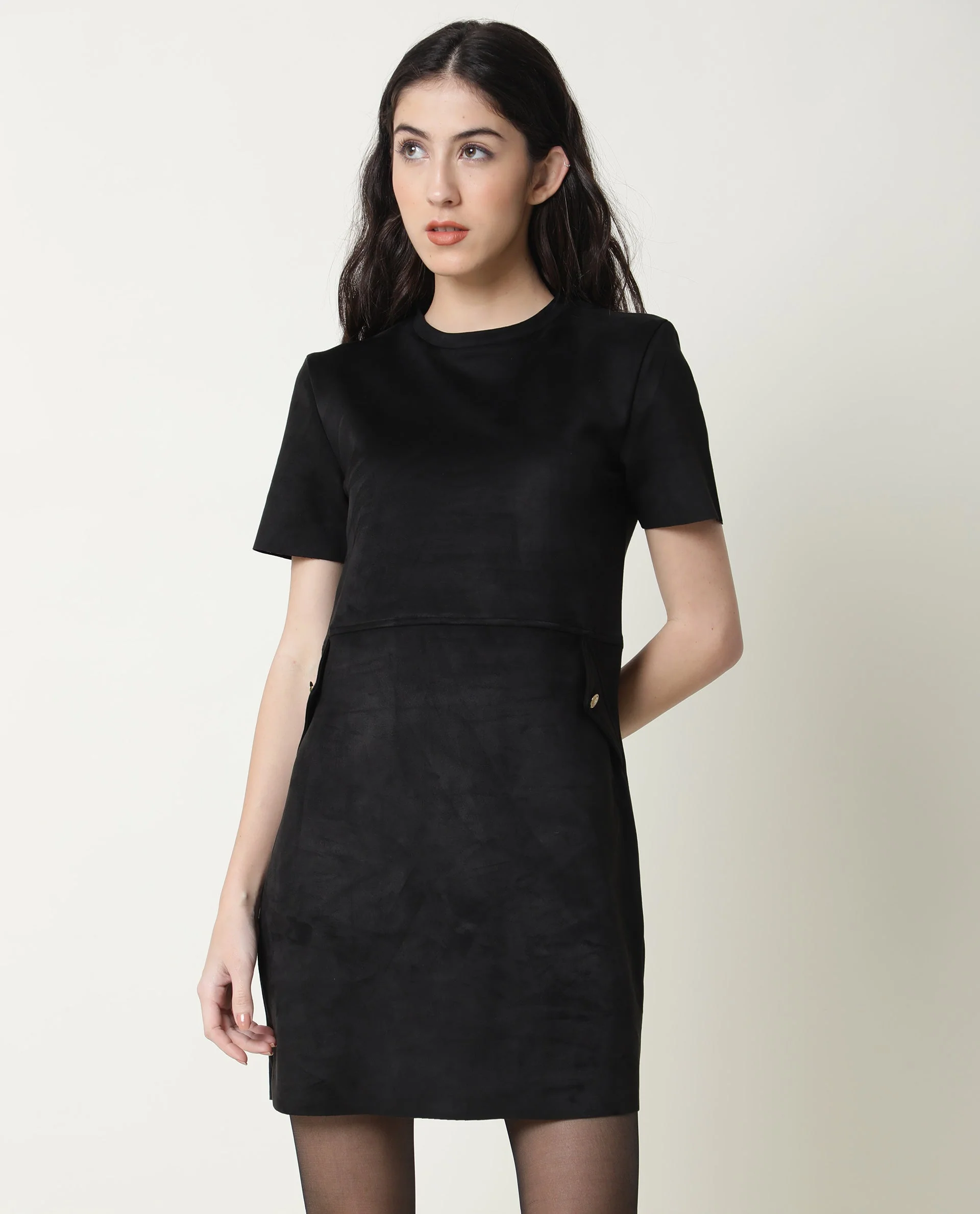 Rareism Women's Sions Black Crew Neck Plain Knee Length Tailored Dress - Image 4